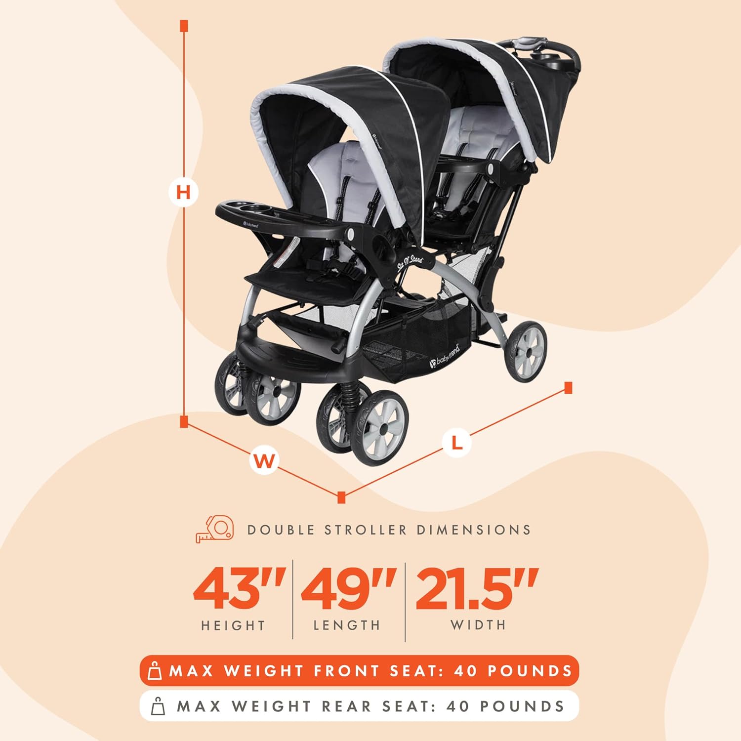 Baby Trend Double Infant and Toddler Stroller w/Harness and Basket, Sit N' Stand, Stormy - Image 3