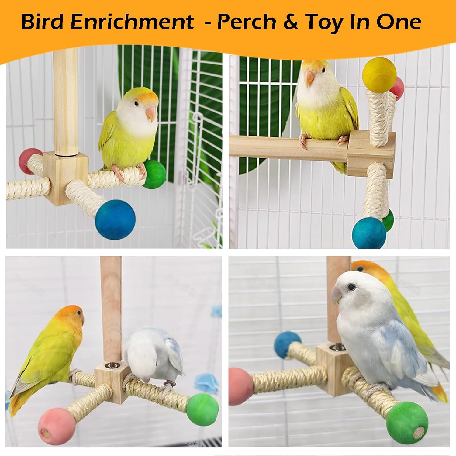 Bird Stand Perch Toy, Interactive Spinning Parakeet Toys, Wooden Exercise Wheel Parrot Toys, Enrichment Cockatiel Toys for Bird Cage, Bird Cage Accessories Perch Toy for Budgies Lovebirds (4 Perches) - Image 7