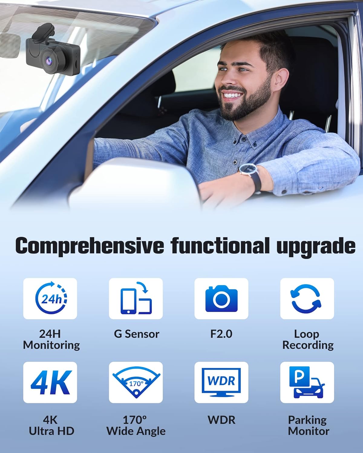 Dash Camera for Cars,4K Full UHD Car Camera Front Rear with 32GB Card,Built-in Super Night Vision,2.0'' IPS Screen,170°Wide Angle,WDR, 24H Parking Mode, Loop Recording - Image 7