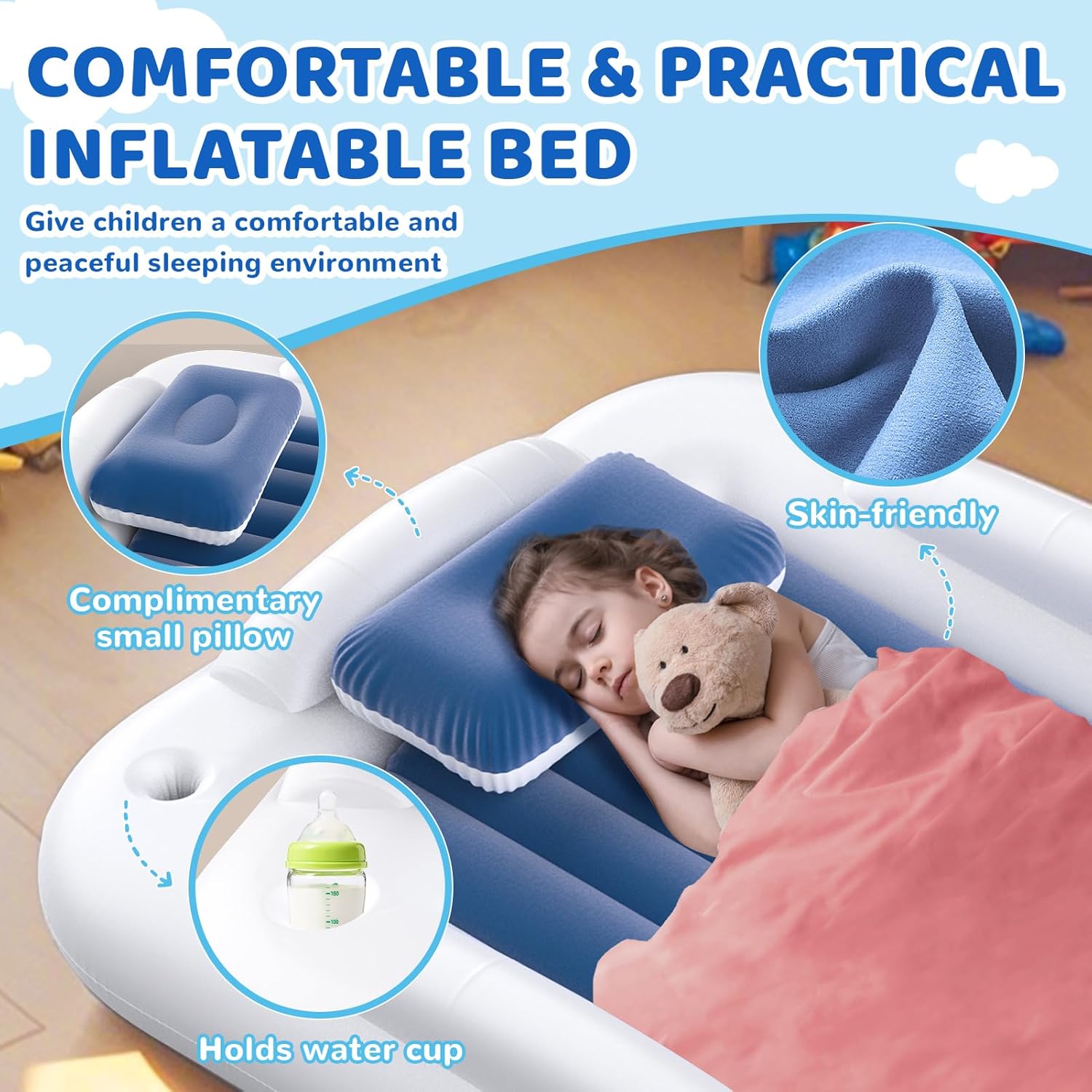 Inflatable Toddler Travel Bed - 60 Inches Portable Toddler Bed for Travel with Safety Sides - Cozy Kids Air Mattress Set with High-Speed Pump & Carry Case - Lightweight & Easy to Inflate -Blue - Image 6