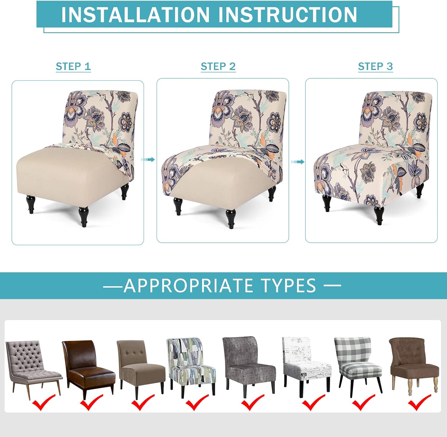 Armless Accent Slipper Chair Cover Slipcover,Stretch Spandex Small Checks,Non-Slip Sofa Couch Cover Furniture Protector (Beige Flower, 1) - Image 5