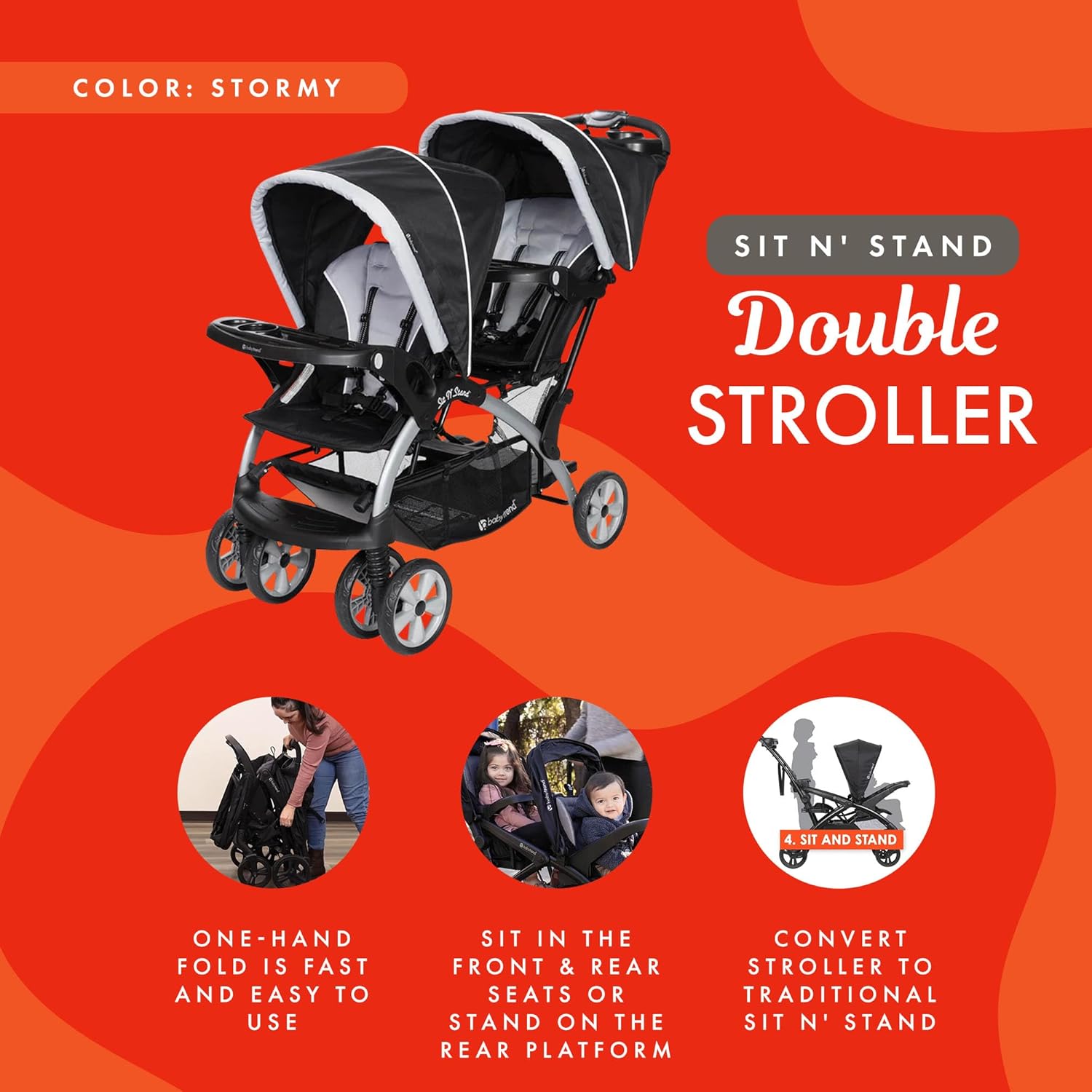 Baby Trend Double Infant and Toddler Stroller w/Harness and Basket, Sit N' Stand, Stormy - Image 4