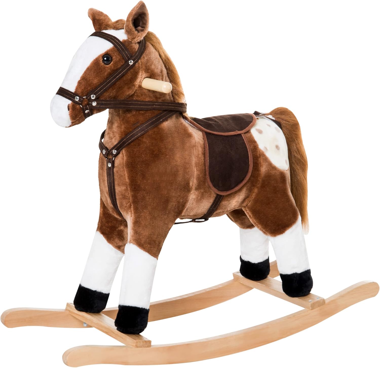 Qaba Kids Rocking Horse Plush Ride On Toy Toddler Rocker for Boys Girls Gifts with Realistic Sounds, Brown - Image 2