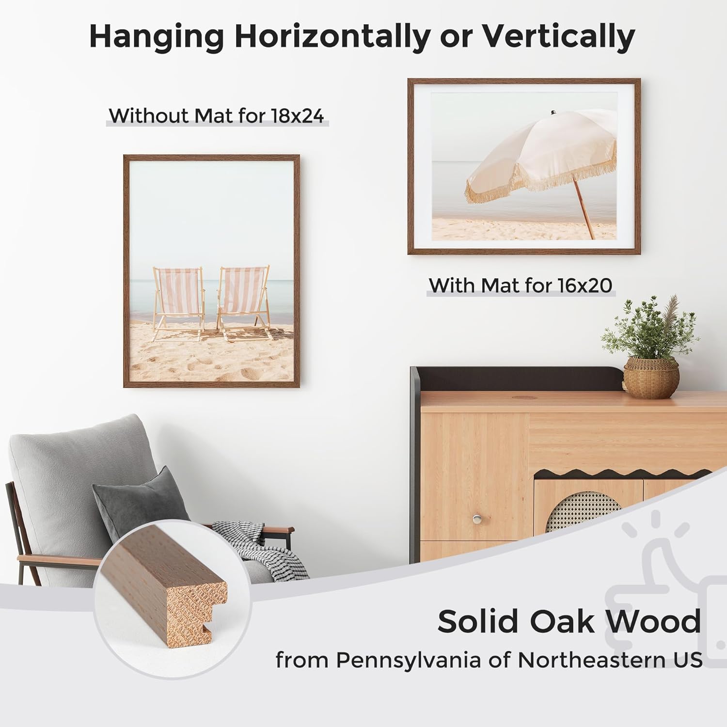 Axeman 18x24 Poster Frame with Mat for 16x20, Solid Oak Wood Picture Frame with Tempered Glass, Wooden 18''x24'' Minimalist Photo Frame with Free Wall Hooks for Art Photo and Prints, Walnut - Image 4