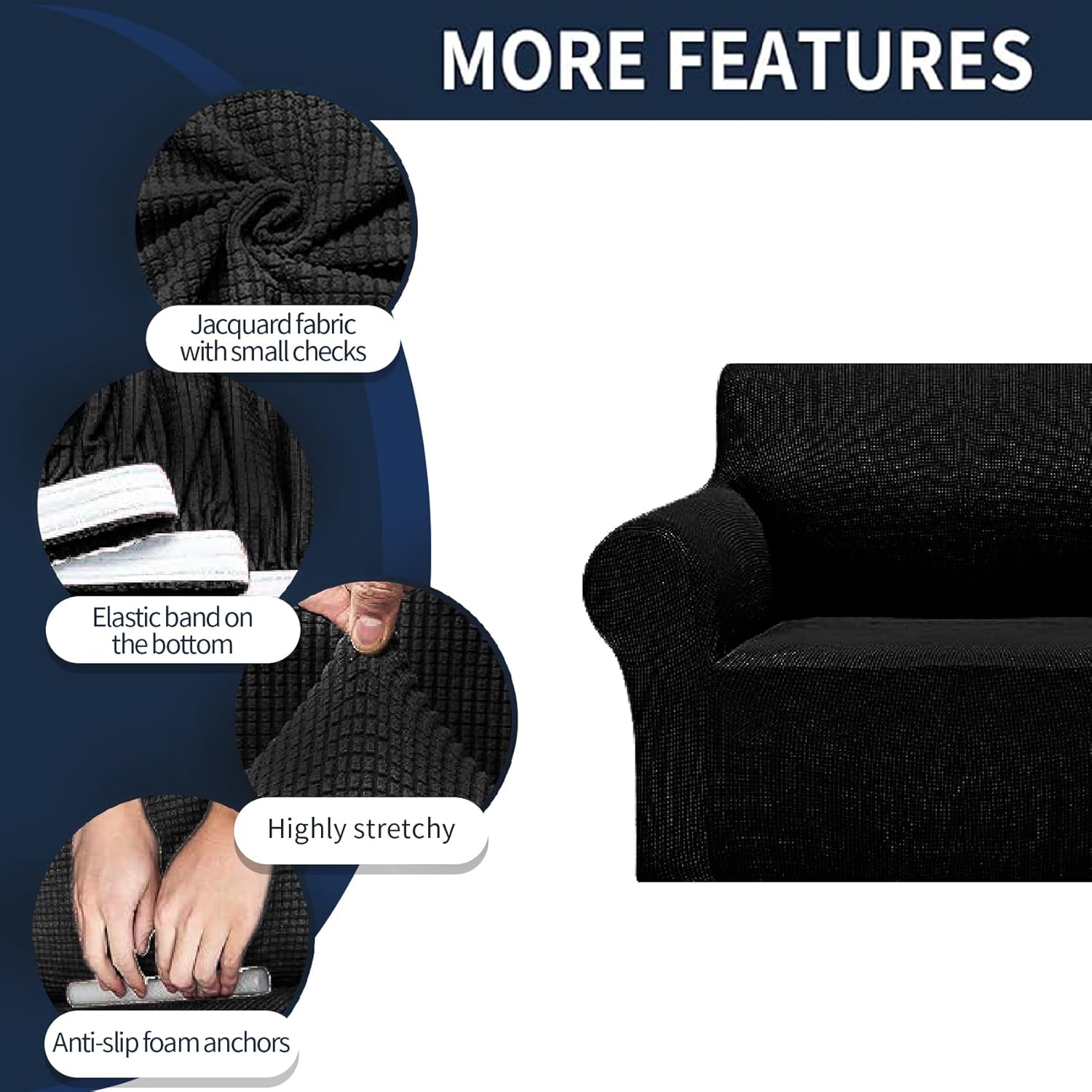 2025 New Stretch Sofa Slipcovers Couch Cover for 3 Cushion Furniture Protector Sofa Covers with Elastic Bottom Jacquard Fabric Small Checks for Pets, Kids -Sofa, Black - Image 5
