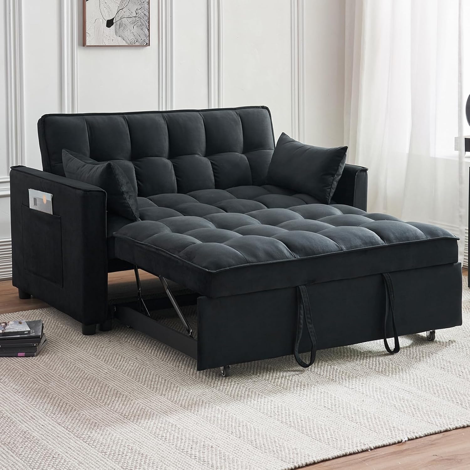 Sleeper Sofa Bed, 3-in-1 Velvet Pull Out Couch with Armrests, Storage Pockets and 2 Pillows, Adjustable Backrest, Sofa Bed Couch for Living Room, Bedroom(Black) - Image 2
