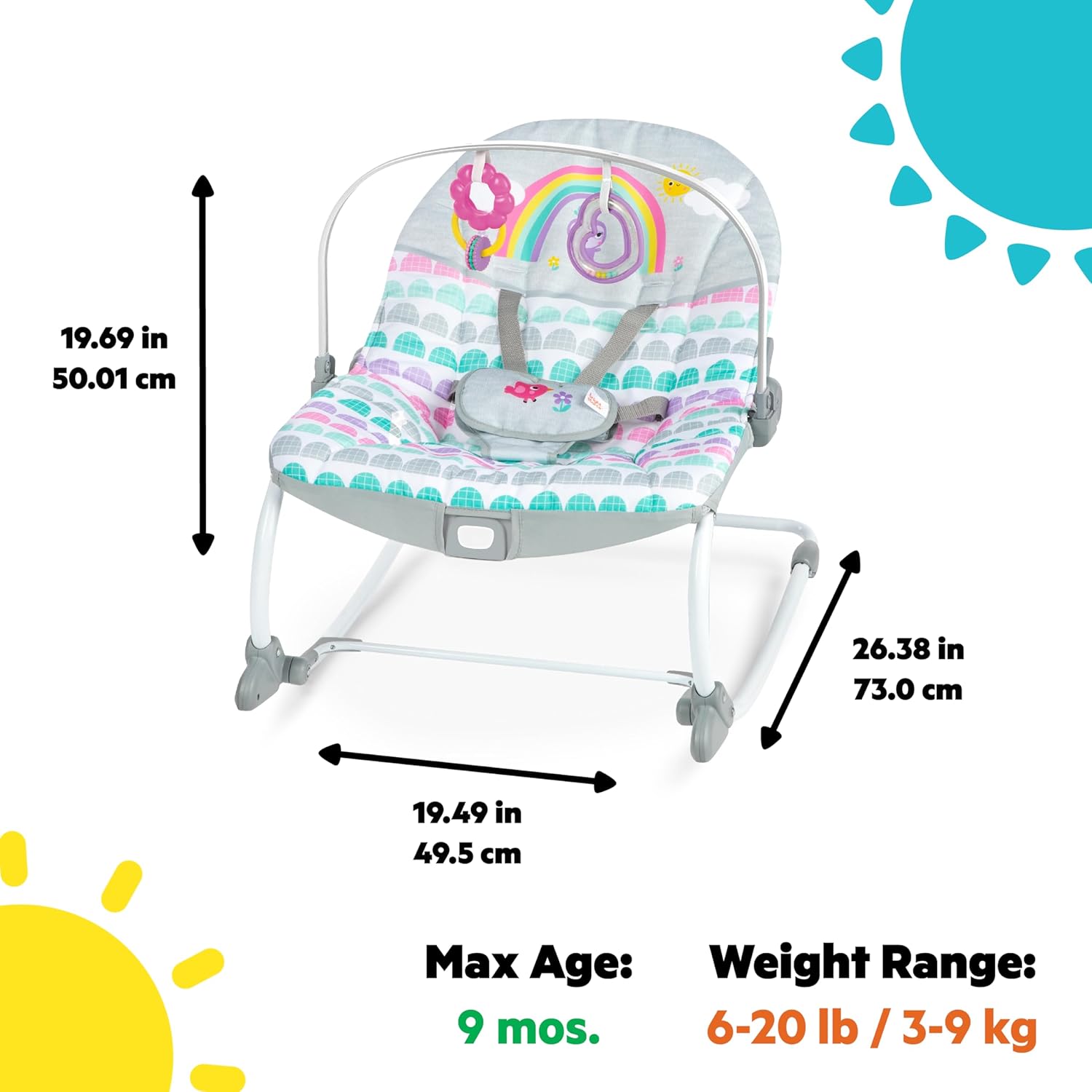 Bright Starts Rosy Rainbow Infant to Toddler Rocker with Vibrations, Baby Seat for Girl or Boy, Newborn + - Image 3