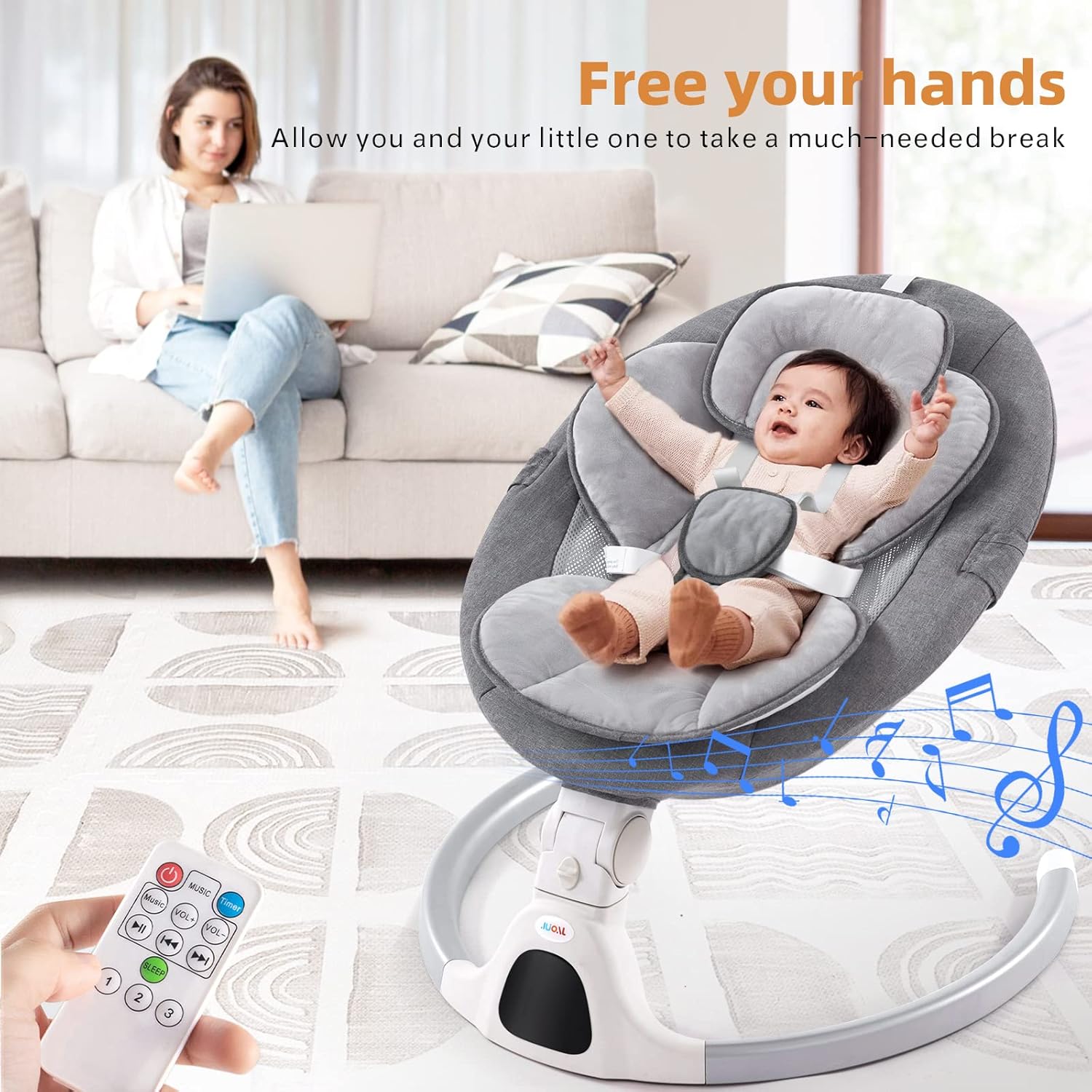 Jaoul Baby Swing for Infants - Electric Portable Newborn Bouncer With Bluetooth Touch Screen/Remote Control, Timing Function, 5 Speeds, 3 Seat Positions for Boys and Girls (Gray) - Image 8