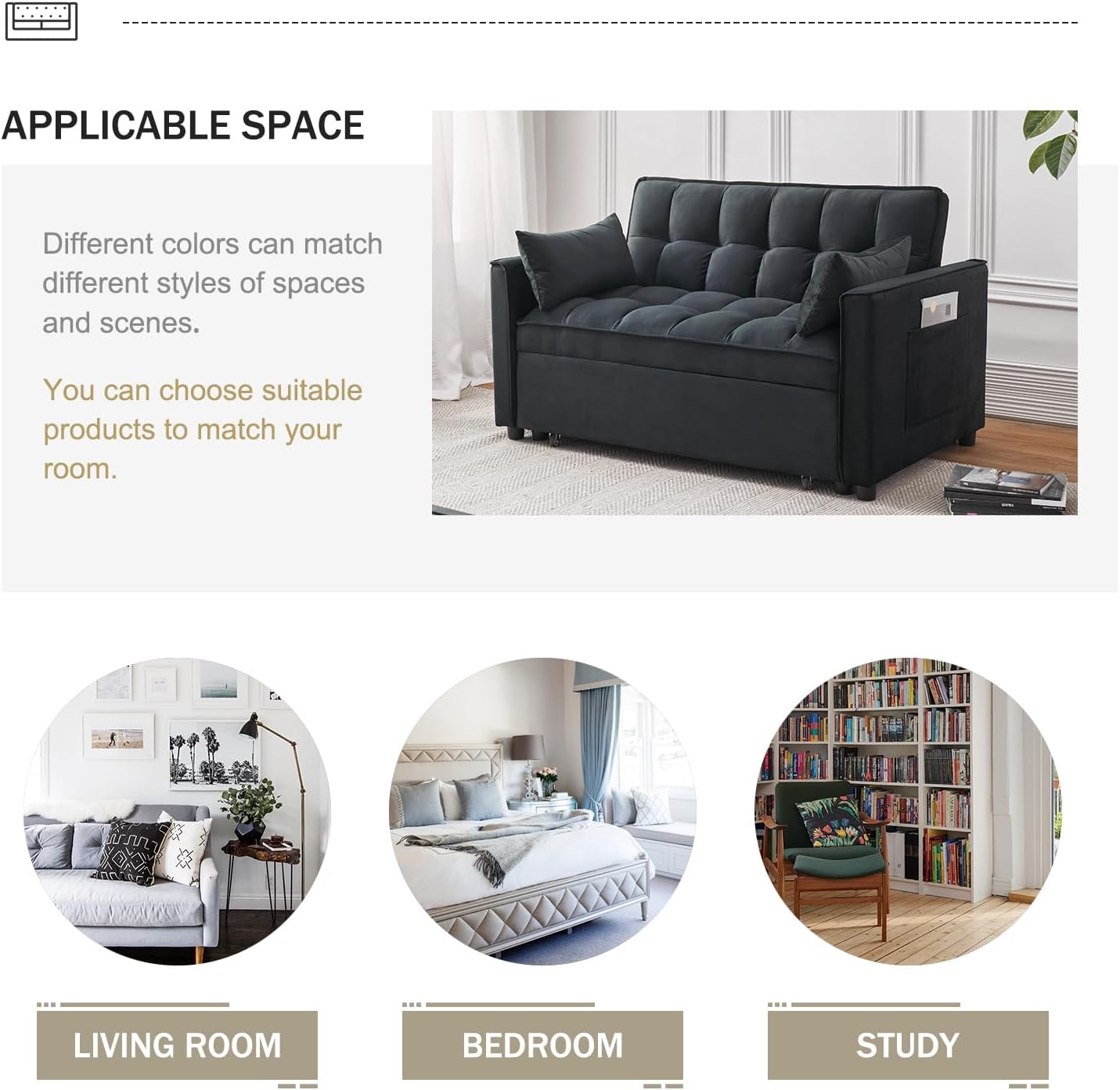 Sleeper Sofa Bed, 3-in-1 Velvet Pull Out Couch with Armrests, Storage Pockets and 2 Pillows, Adjustable Backrest, Sofa Bed Couch for Living Room, Bedroom(Black) - Image 9