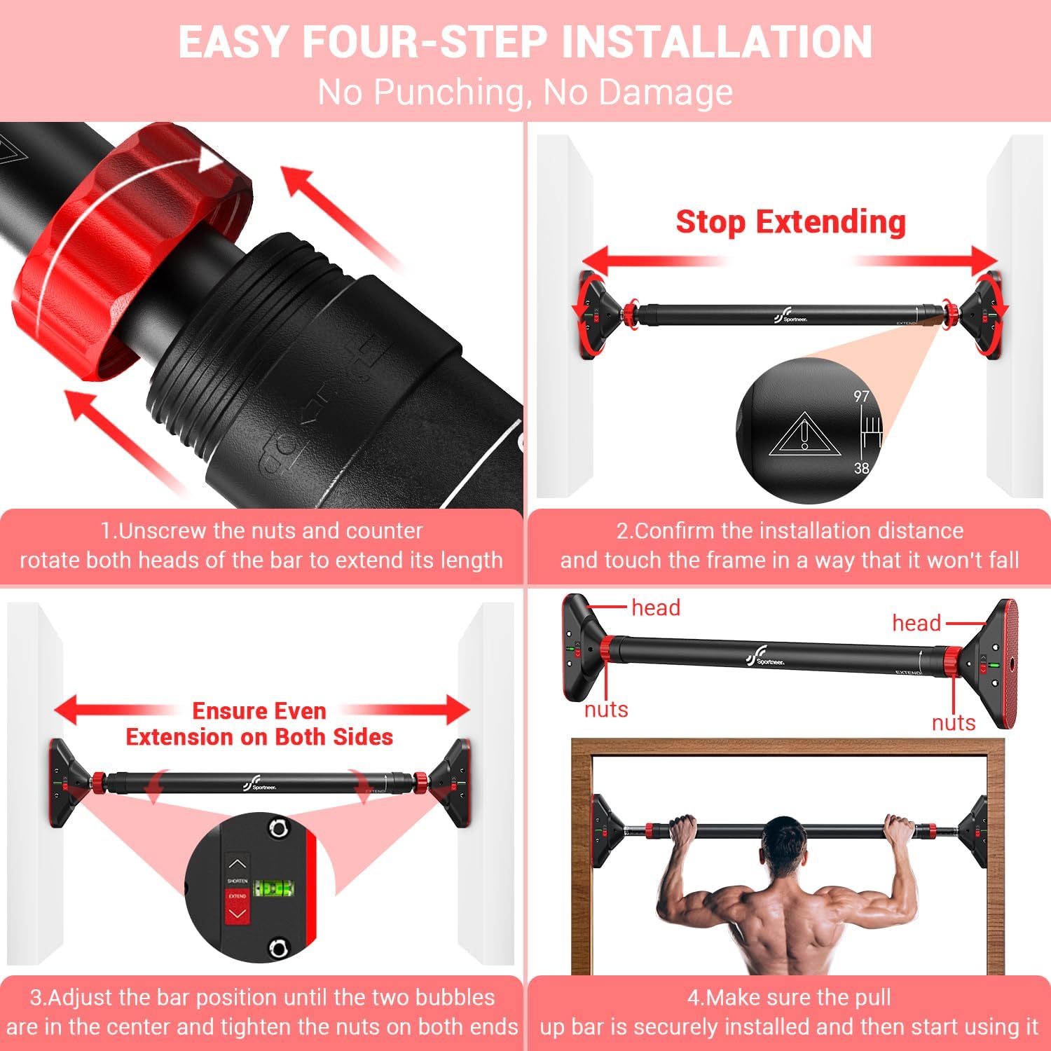 Pull Up Bar for Doorway: Sportneer Strength Training Pull-up Bars without Screw - Adjustable Width Locking Mechanism Chin Up Bar, Thickened Steel Max Limit 440 lbs Upper Body Fitness Pullup Bars for Home (Black-Red) - Image 6