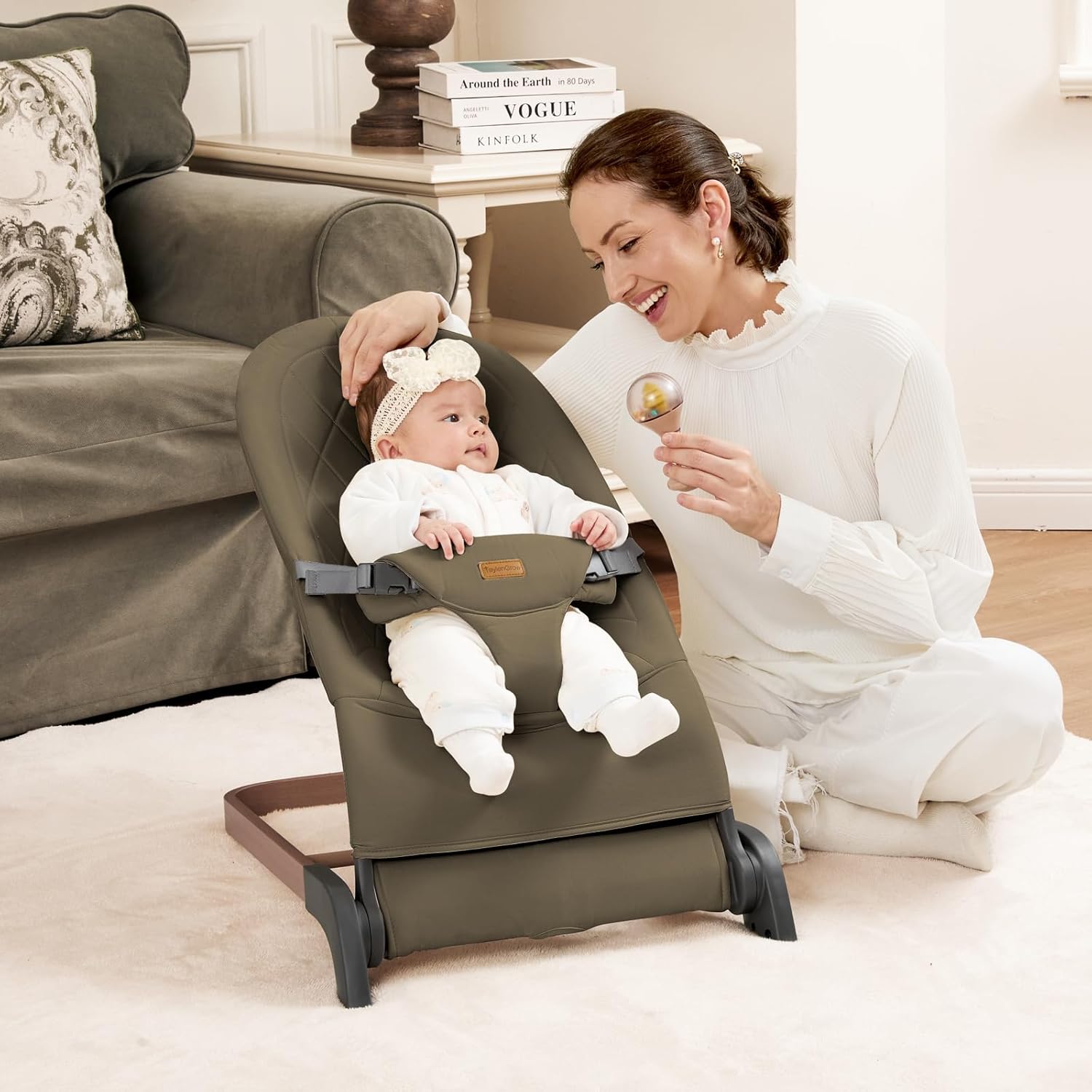 Foldable Baby Bouncer, Baby Bouncer Seat with 3 Adjustable Heights, Portable Newborn Rocker, Ergonomic Bouncer Seat for Natural Bounce, Bouncer for Babies 0-6 Months, Soft Cotton (Green) - Image 7