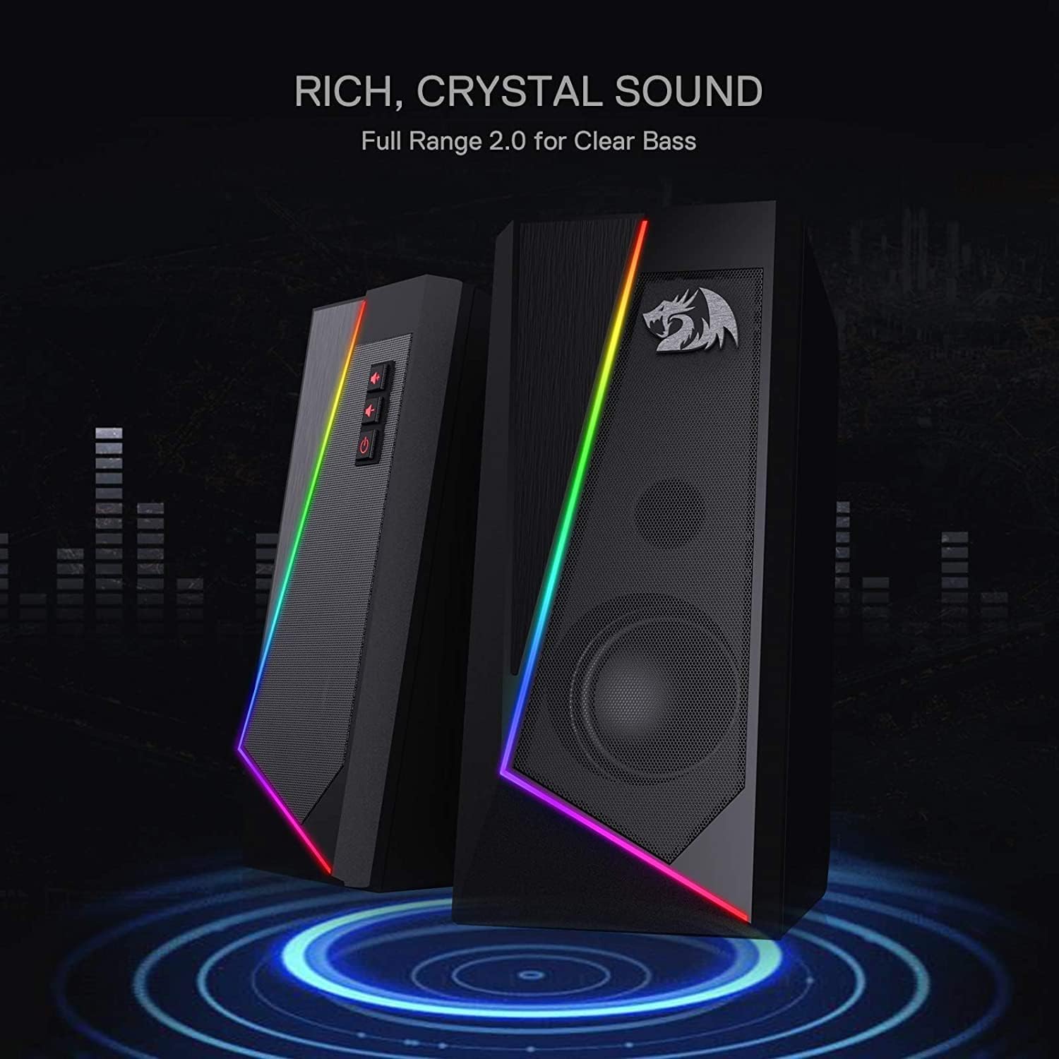 Redragon GS520 RGB Desktop Speakers, 2.0 Channel PC Computer Stereo Speaker with 6 Colorful LED Modes, Enhanced Sound and Easy-Access Volume Control, USB Powered w/ 3.5mm Cable - Image 4
