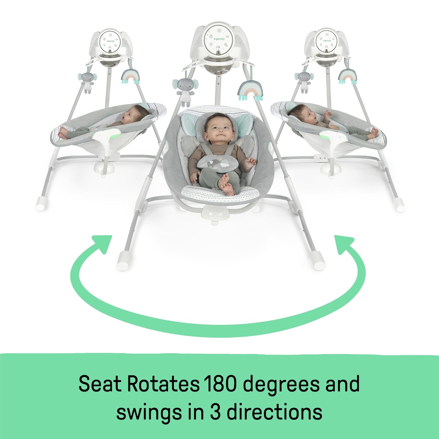 Ingenuity InLighten 5-Speed Baby Swing - Swivel Infant Seat, 5 Point Safety Harness, Nature Sounds, Lights - Van Elephant - Image 3