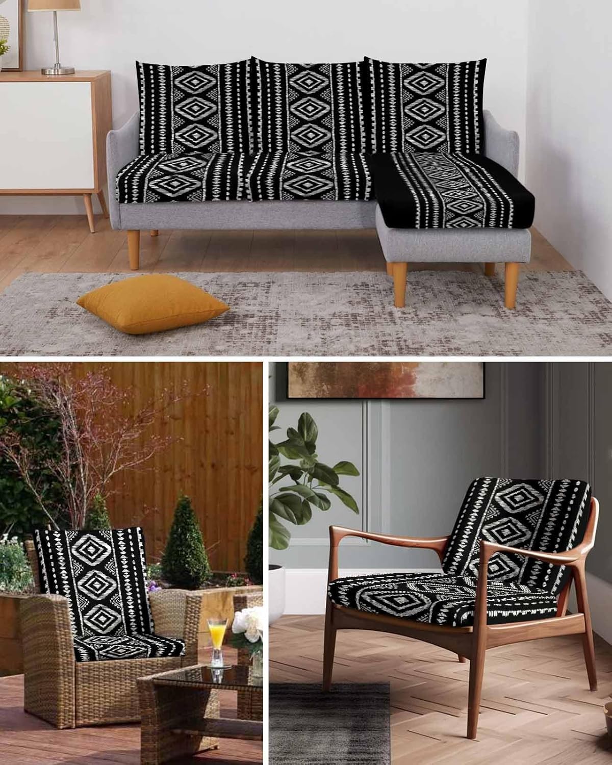 Geometric Boho Stretch Couch Sofa Cushion Covers,Sectional/Individual/L/T Shape Sofa Couch Slipcover Furniture Slip Cover with Elastic Bottom,Black White Abstract Minimalist Stripes S Size 2-PC - Image 7
