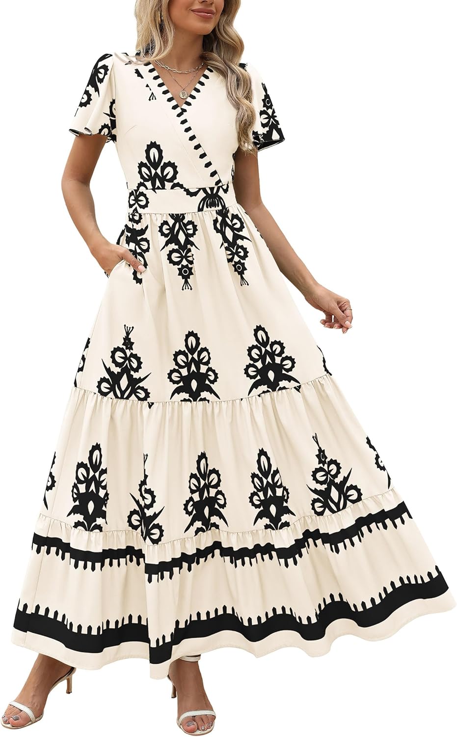 PRETTYGARDEN Womens Summer Casual V Neck Boho Maxi Dress Flowy Aline Bell Sleeve Tiered Floral Dresses with Pocket - Image 2