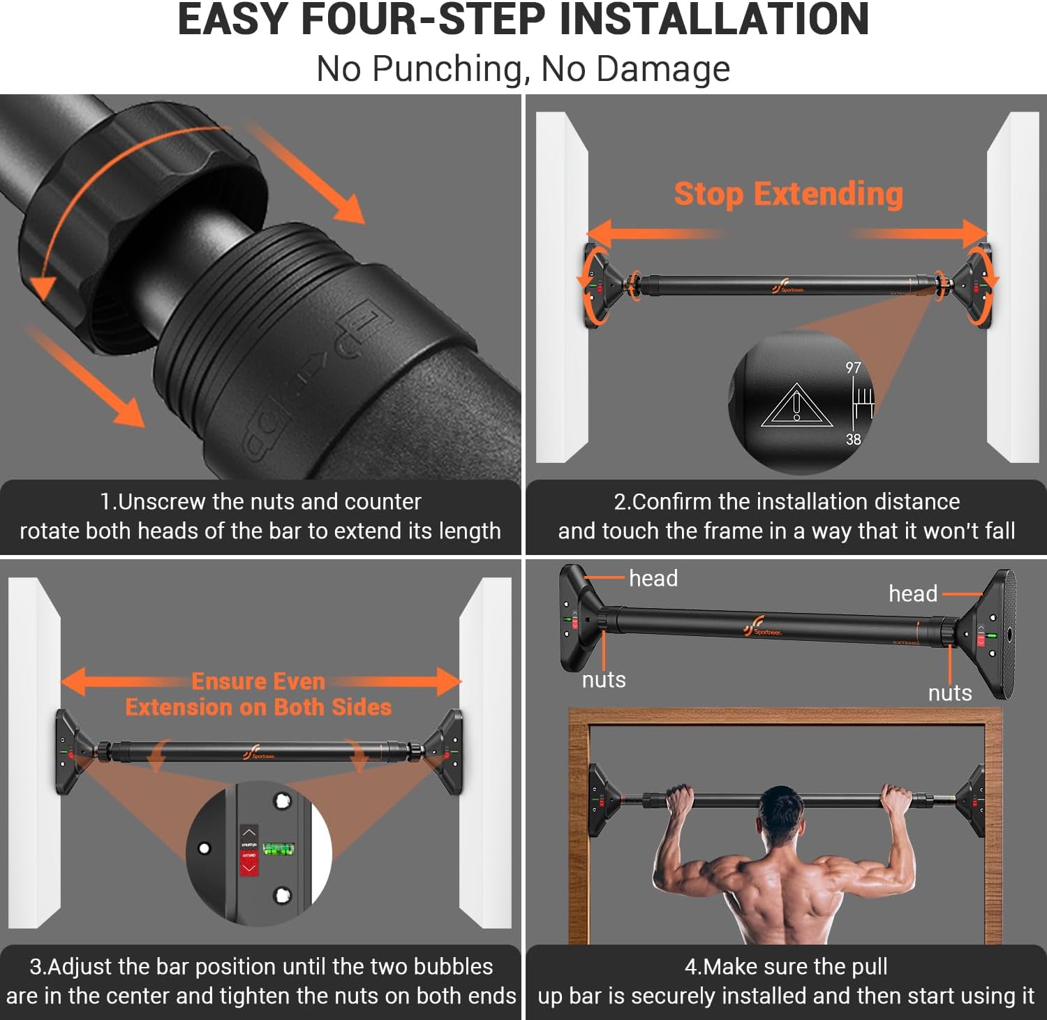 Sportneer Pull Up Bar: Strength Training Chin up Bar without Screws - Adjustable 29.5''-37'' Width Locking Mechanism Pull-up Bar for Doorway - Max Load 440lbs for Home Gym Upper Body Workout, Non-slip - Image 9