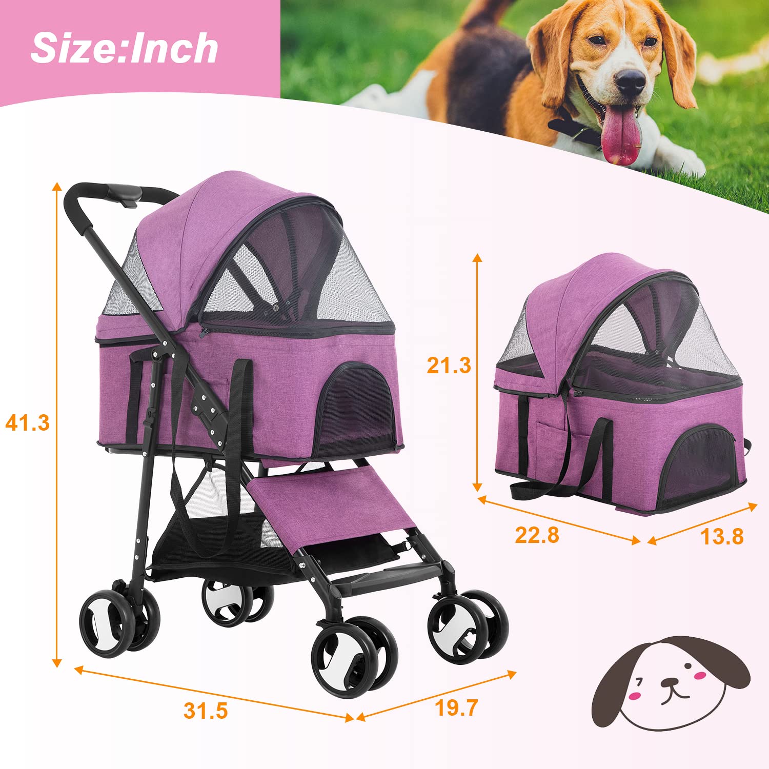 BestPet Pet Stroller Premium 3-in-1 Multifunction Dog Cat Jogger Stroller for Medium Small Dogs Cats Folding Lightweight Travel Stroller with Detachable Carrier, Purple - Image 9