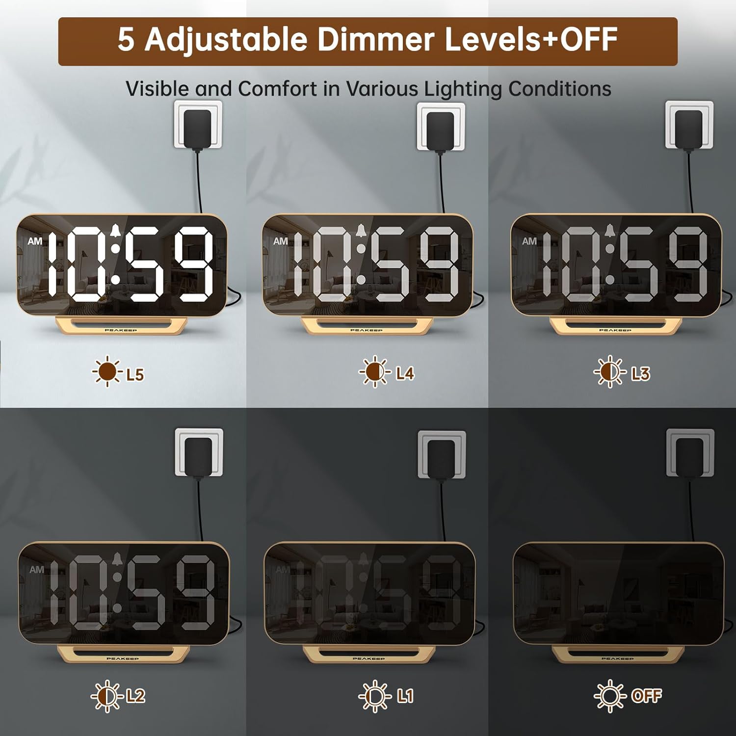 Peakeep Slim Digital Mirror Clock, Aesthetic Alarm Clock for Desk - Plug in Electric Clock Big LED Modern Decorative Small Table Clock for Office Living Room, Battery Backup, 6 Dimmers (Gold) - Image 5