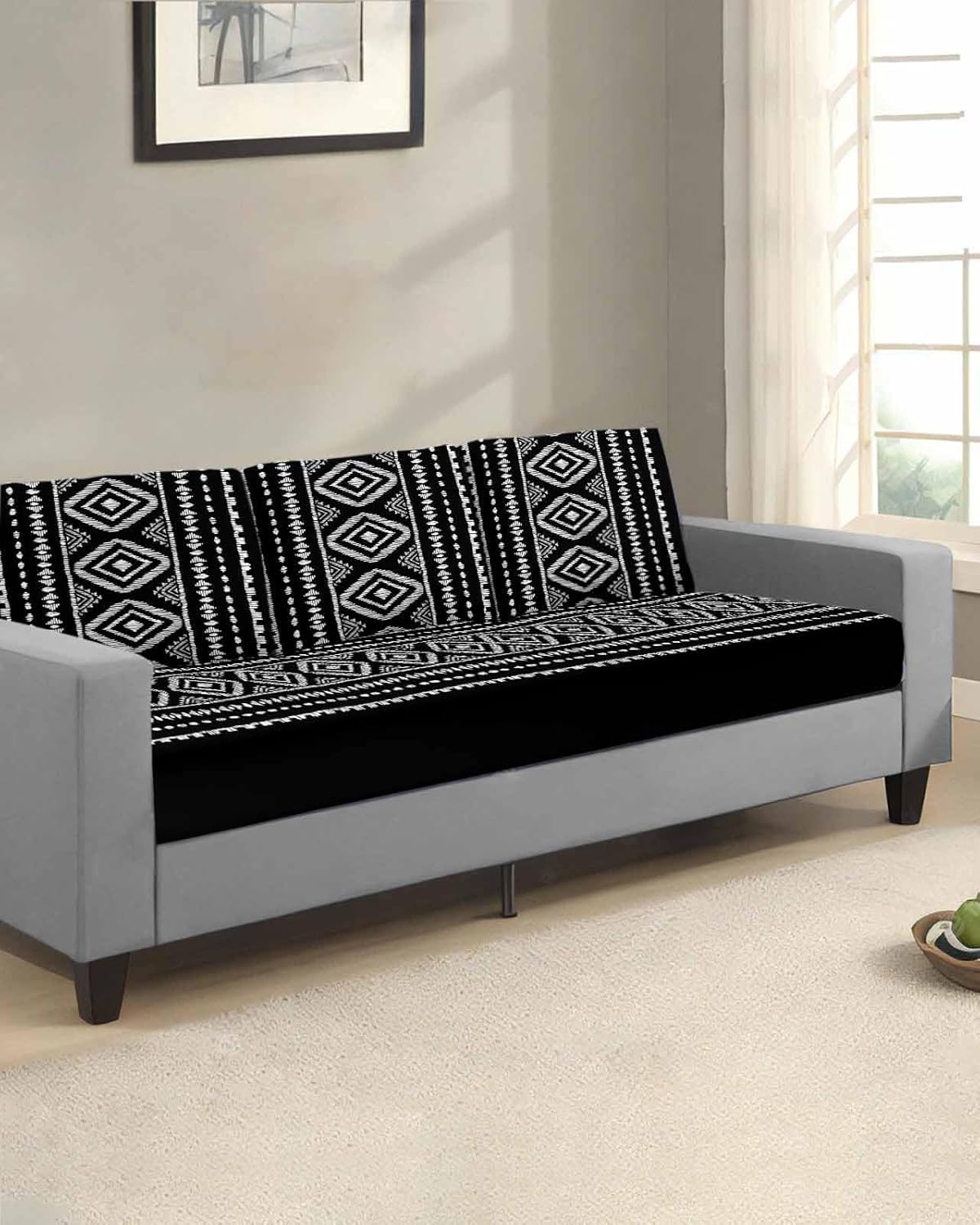 Geometric Boho Stretch Couch Sofa Cushion Covers,Sectional/Individual/L/T Shape Sofa Couch Slipcover Furniture Slip Cover with Elastic Bottom,Black White Abstract Minimalist Stripes S Size 2-PC - Image 3