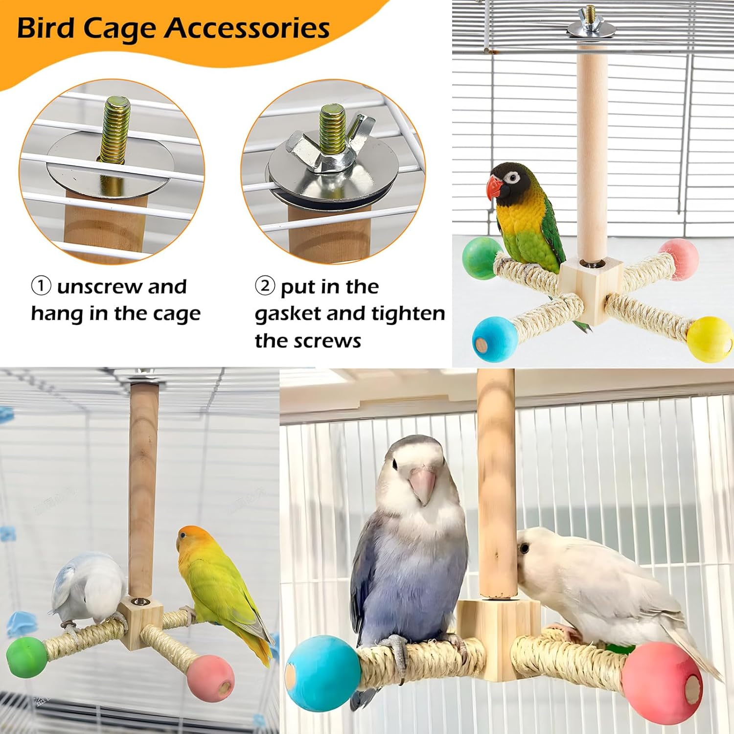 Bird Stand Perch Toy, Interactive Spinning Parakeet Toys, Wooden Exercise Wheel Parrot Toys, Enrichment Cockatiel Toys for Bird Cage, Bird Cage Accessories Perch Toy for Budgies Lovebirds (4 Perches) - Image 5