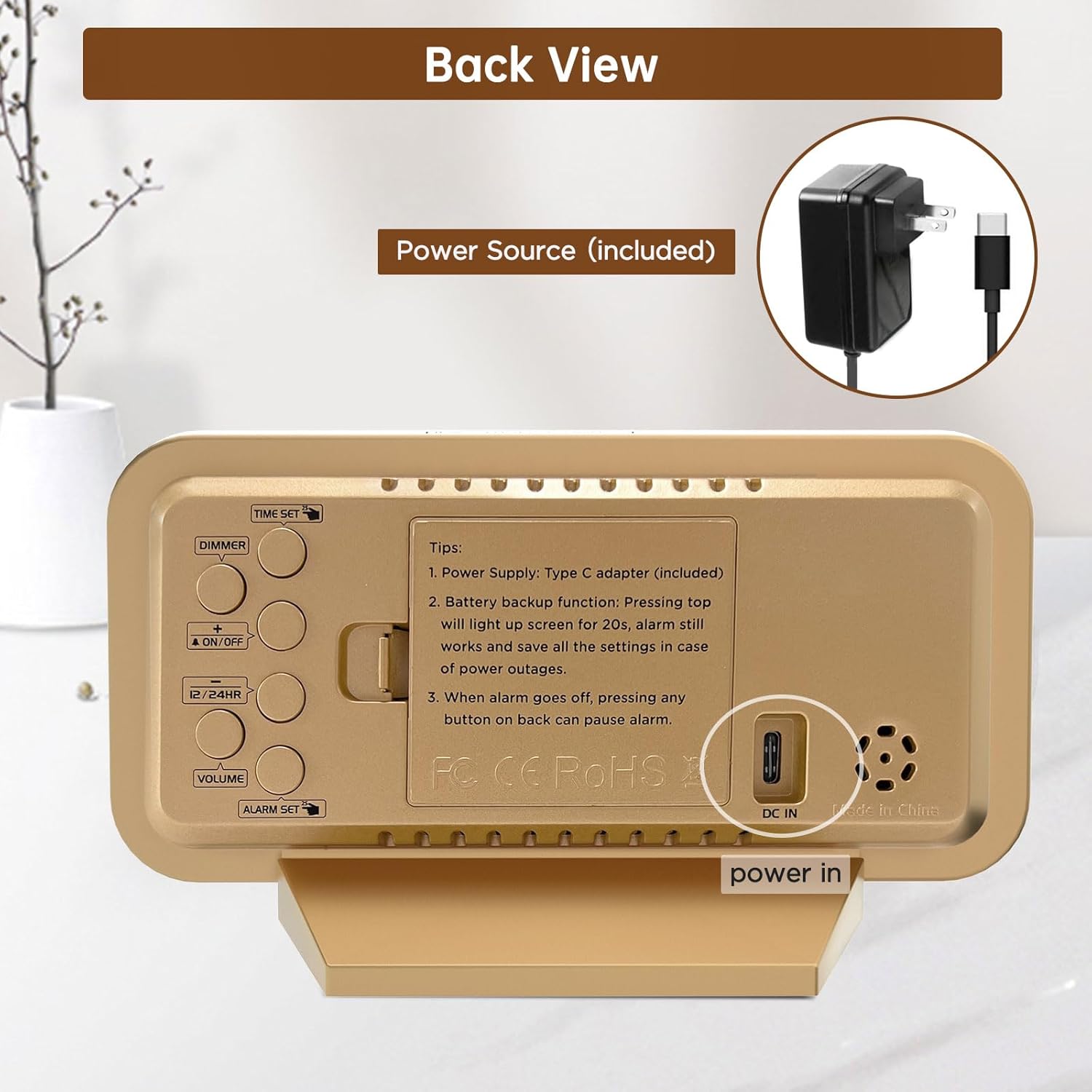 Peakeep Slim Digital Mirror Clock, Aesthetic Alarm Clock for Desk - Plug in Electric Clock Big LED Modern Decorative Small Table Clock for Office Living Room, Battery Backup, 6 Dimmers (Gold) - Image 8