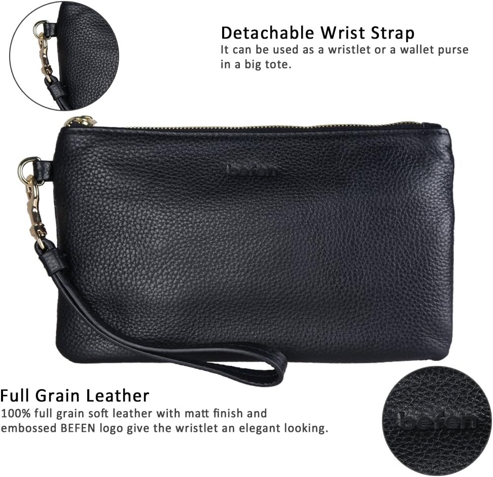 befen Women's Genuine Italian Leather Wristlet Clutch Wallet Purse, Gold Zipper - Image 7