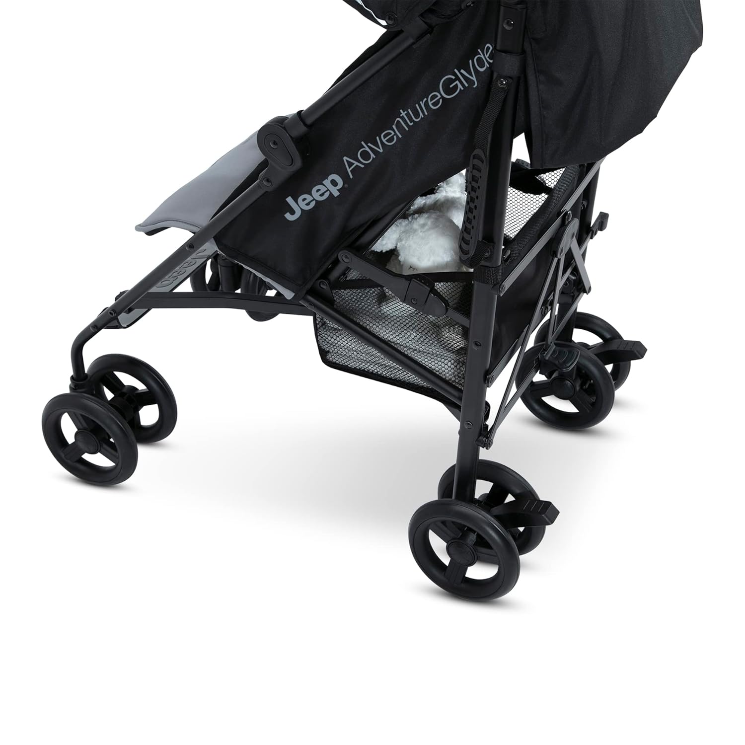 Jeep AdventureGlyde Stroller by Delta Children - Lightweight Travel Stroller with Smoothest Ride & Compact Fold, 3-Position Recline, Extra Large Storage Basket, Black/Grey - Image 9