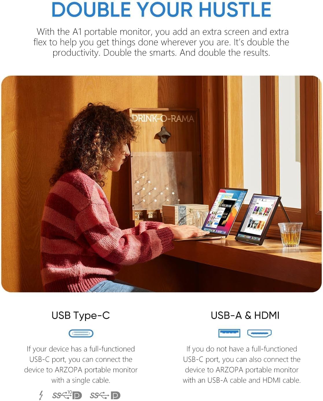 ARZOPA Portable Monitor 15.6'' FHD 1080P - Ultra-Slim Portable Laptop Monitor with Kickstand - IPS Display for PC, MAC, Phone, Xbox, PS5 - USB C & HDMI Connectivity - A1 - Image 3