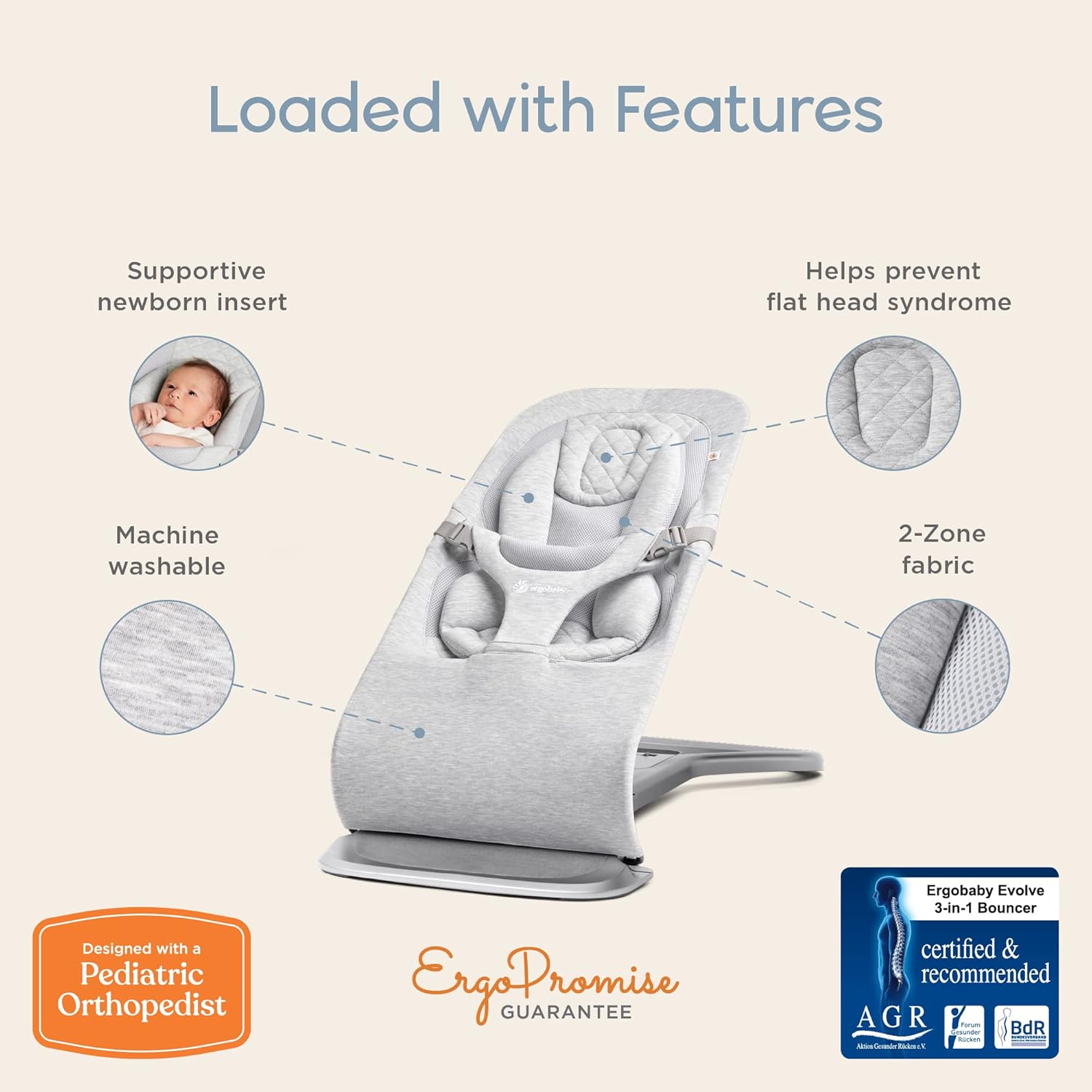 Ergobaby Evolve 3-in-1 Bouncer, Adjustable Multi Position Baby Bouncer Seat, Fits Newborn to Toddler, Light Grey - Image 5