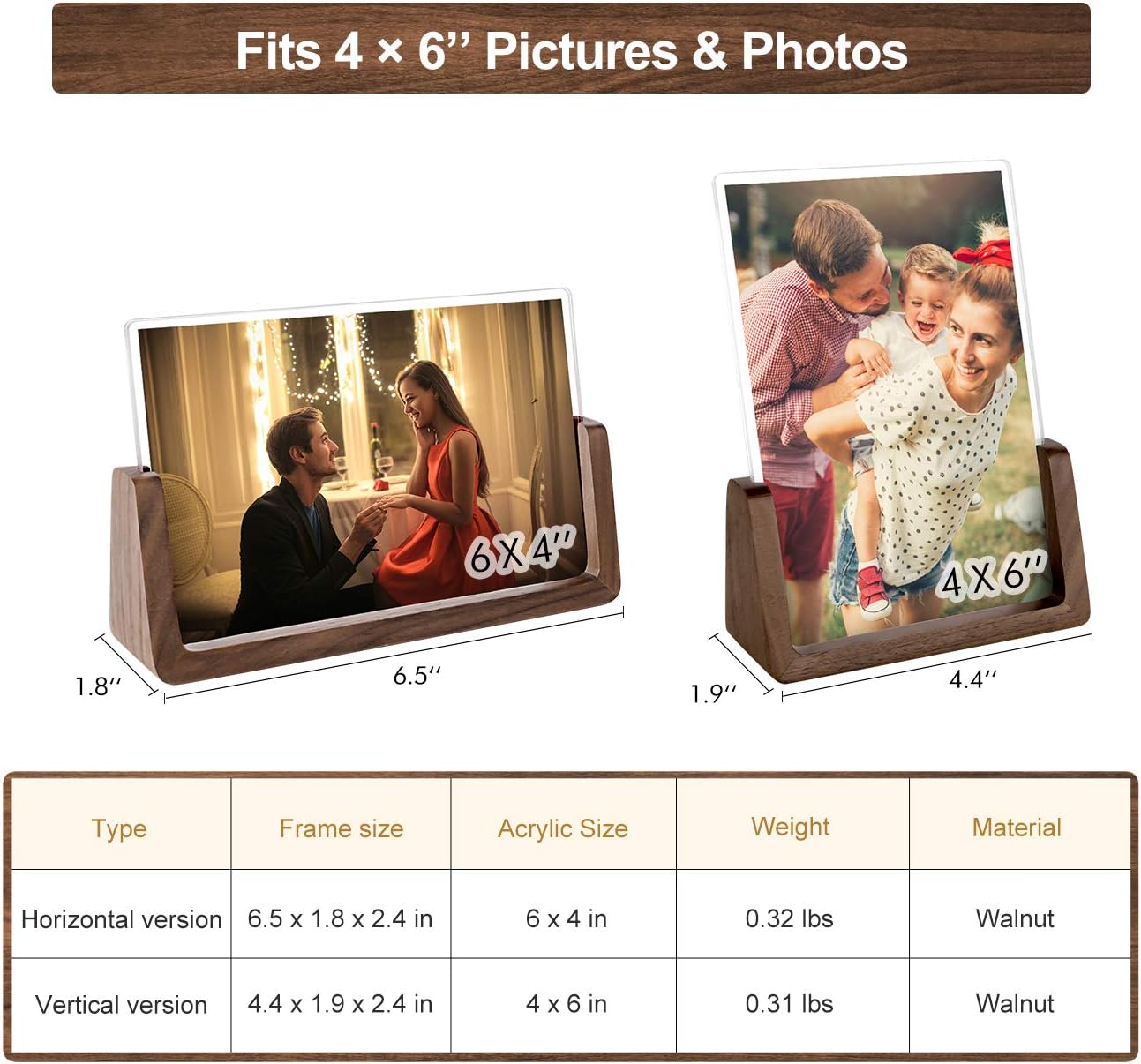 Mixoo 4x6 Wood Photo Picture Frame 2 Pack - Rustic Wooden Picture Frame with Walnut Wood Base and High Definition Break Free Acrylic Covers for Tabletop or Desktop Display (Horizontal + Vertical) - Image 5