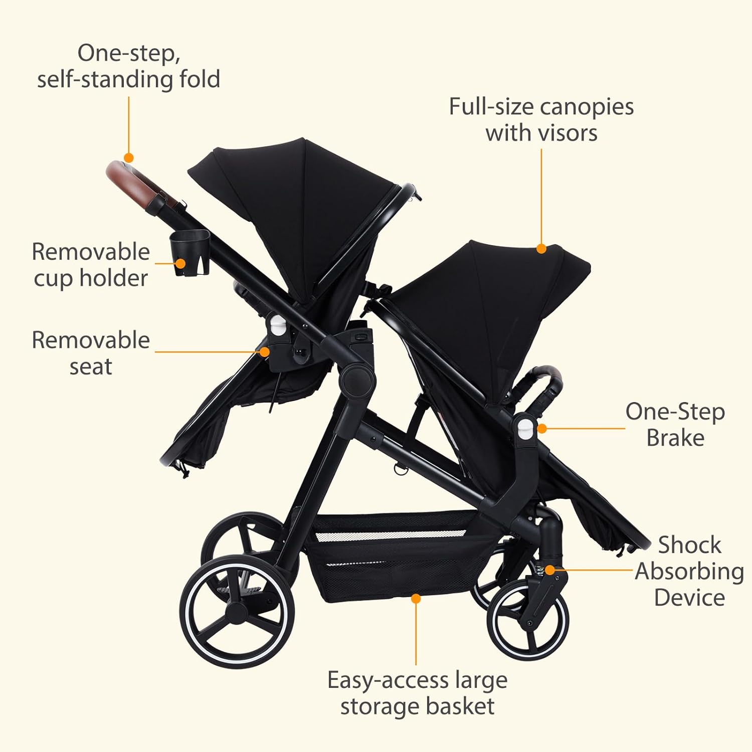 Double Stroller for Infants and Toddlers, Foldable Tandem Stroller, Reversible Pushchair Bassinet Pram with Large Storage Basket, Adjustable Backrest & Canopy, Black - Image 7