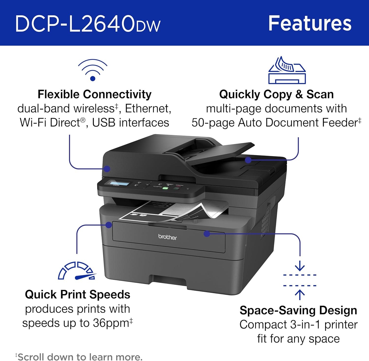 Brother DCP-L2640DW Wireless Compact Monochrome Multi-Function Laser Printer with Copy and Scan, Duplex, Mobile, Black & White | Includes Refresh Subscription Trial(1), Amazon Dash Replenishment Ready - Image 4