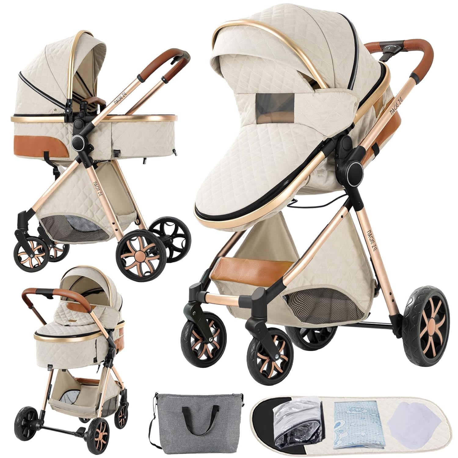 2 in 1 Baby Bassinet Stroller, Convertible Foldable Standard Stroller, Reversible Pushchair Infant Buggy Carriage, Portable High Landscape Pram for Toddler Newborn, Aluminum Alloy (2USV9-WHITE) - Image 2