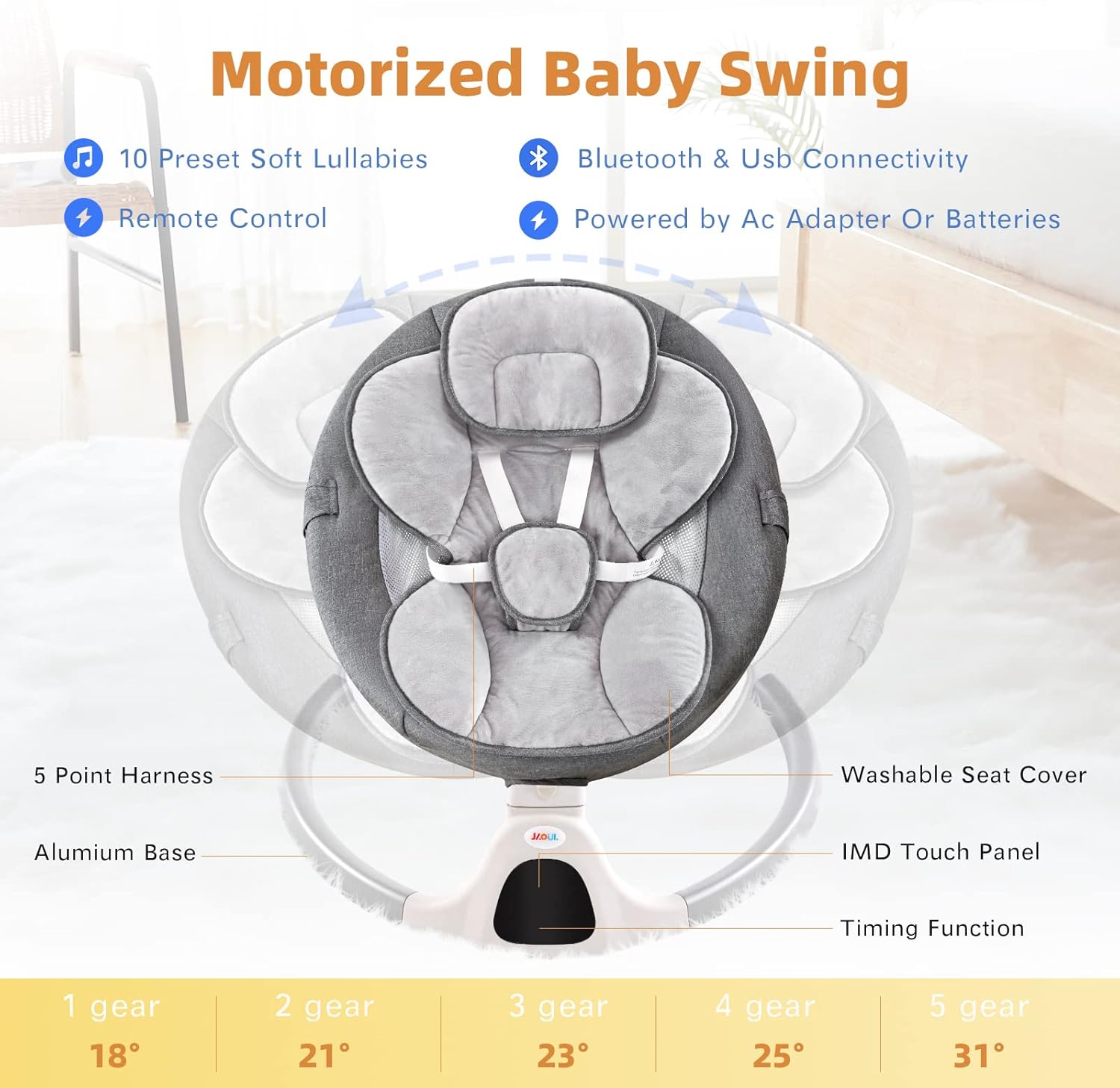 Jaoul Baby Swing for Infants - Electric Portable Newborn Bouncer With Bluetooth Touch Screen/Remote Control, Timing Function, 5 Speeds, 3 Seat Positions for Boys and Girls (Gray) - Image 4