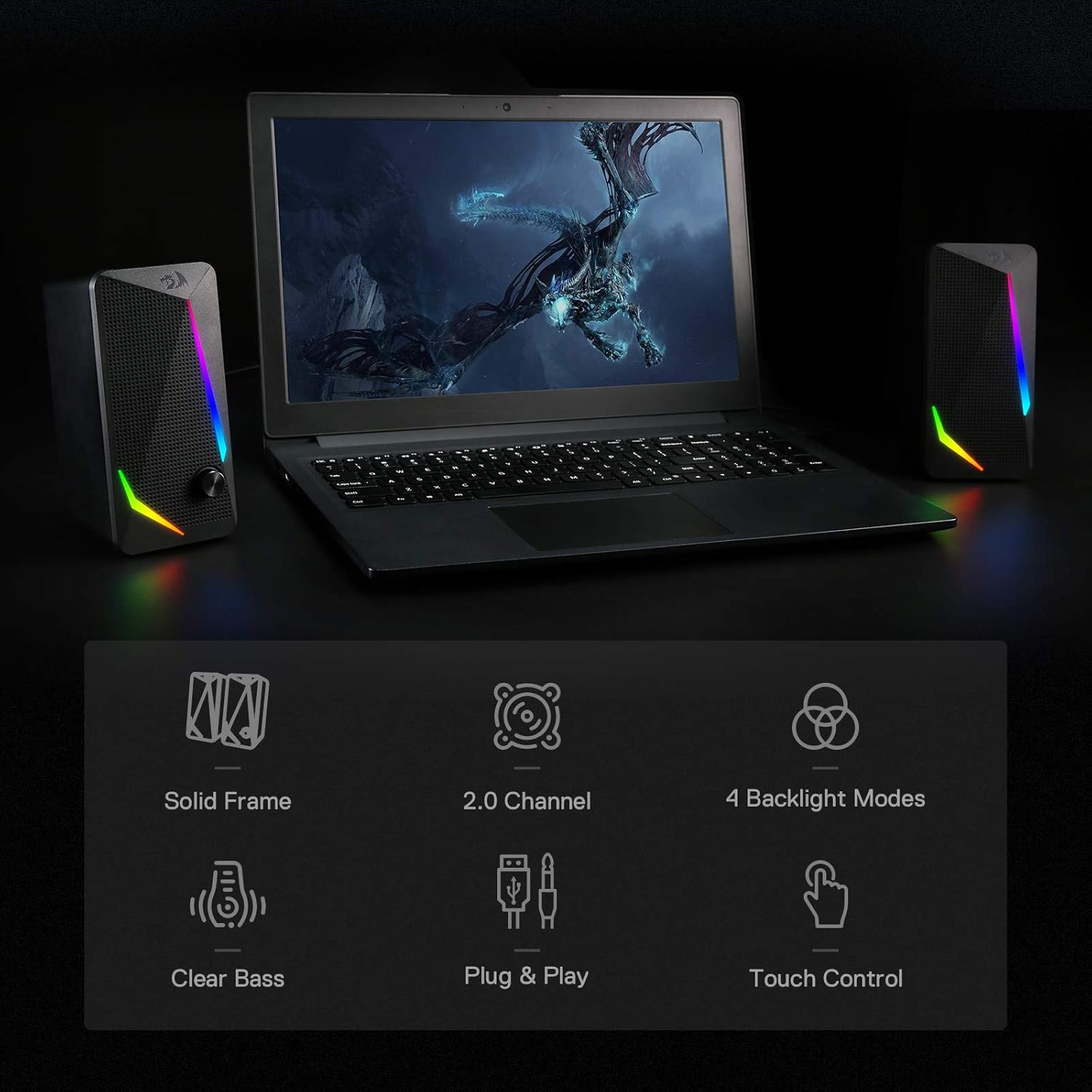 Redragon GS510 RGB Desktop Speakers, 2.0 Channel PC Computer Speaker with 4 Colorful LED Backlight Modes, Enhanced Bass and Easy-Access Volume Control, USB Powered w/ 3.5mm Cable - Image 3