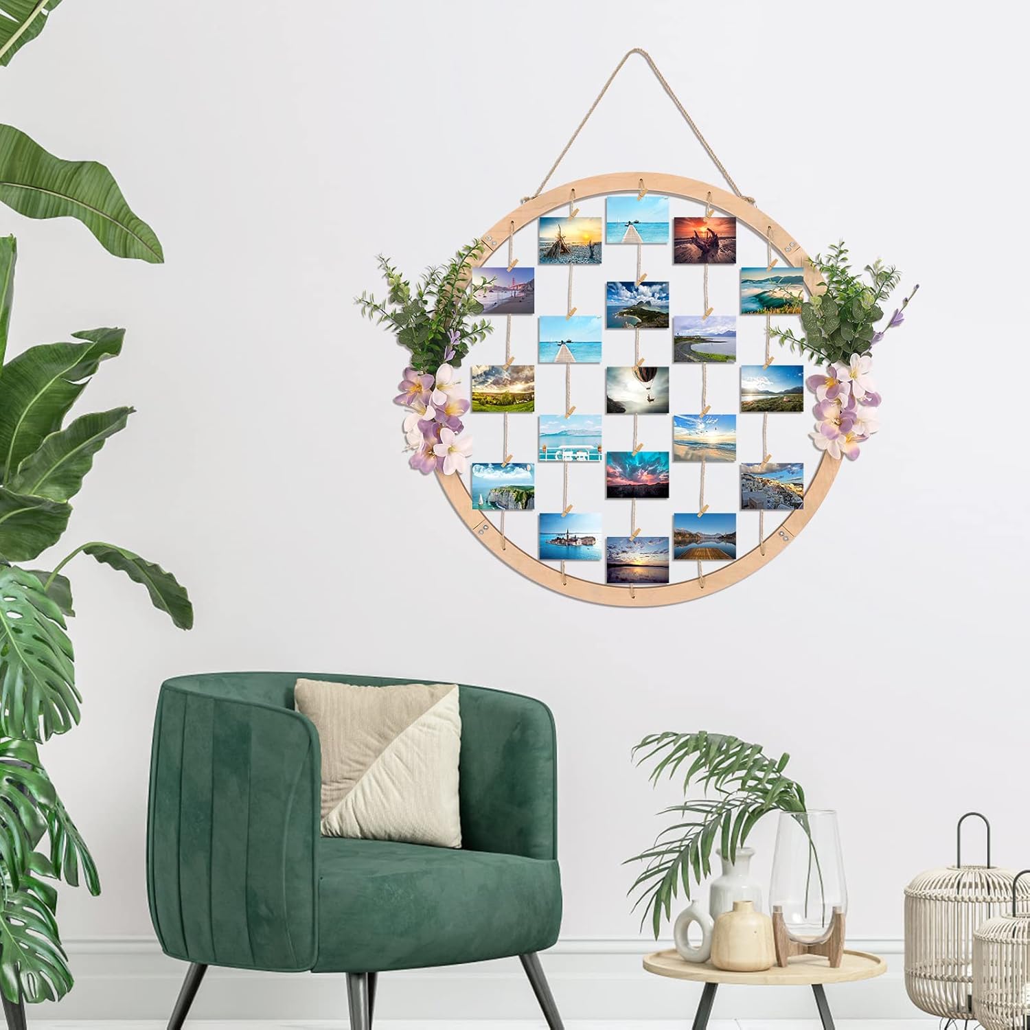 Super Holiday Large Round Wooden Picture Frames - 60CM/23.62" Artificial Flower/Eucalyptus Hanging Display Board Photo Frames Collage Wall Decor, for Spring Summer Mother's Day Grandma Christmas - Image 6