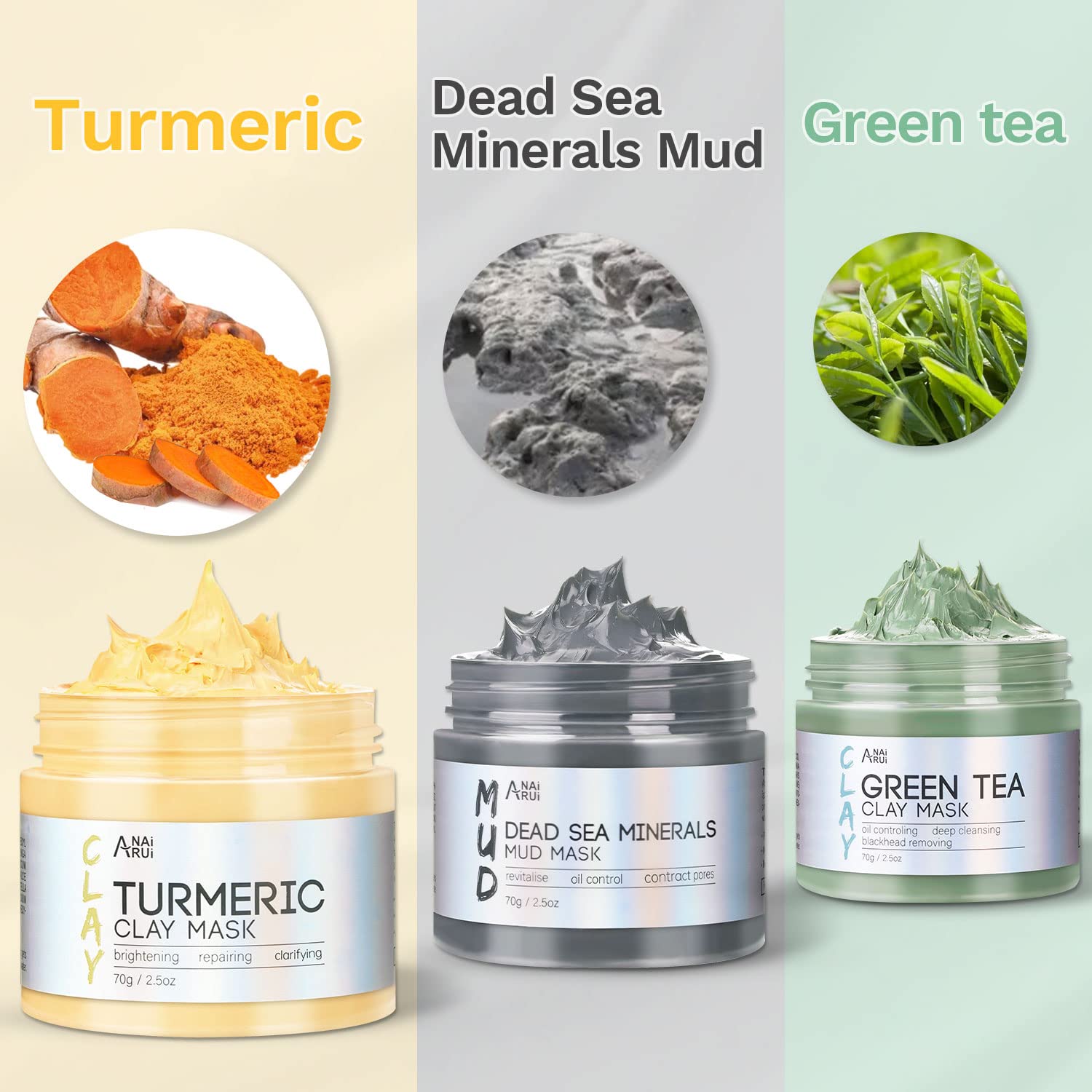 ANAI RUI Turmeric Clay Mask - Green Tea Clay Mask - Dead Sea Minerals Mud Mask, Spa Facial Mask Set, Face Mask Gift Set 2.5 oz each - Image 3
