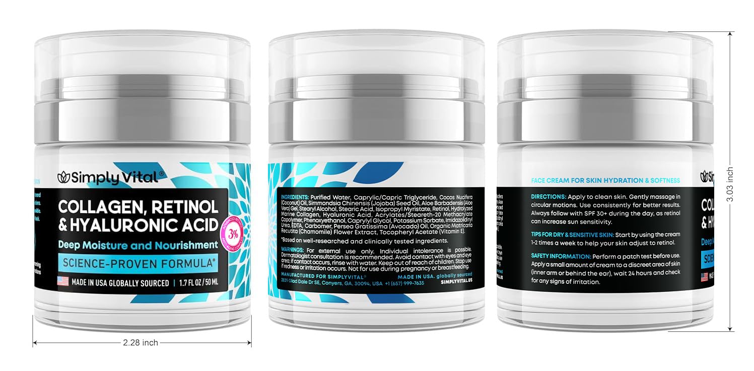 SimplyVital Collagen, Retinol & Hyaluronic Acid Cream - Anti-Aging Face Moisturizer for Face, Neck & Décolleté - Made in USA, Daily Moisturizer Face Cream - 1.7 fl.oz. - Image 10