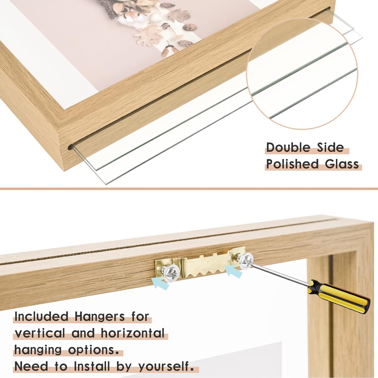 MUYE 8x10 Floating Frame Set of 2,Double Glass Rustic Photo Frame for Wall Hanging or Tabletop Standing,Display Any Size Photo up to 8x10,Natural - Image 5