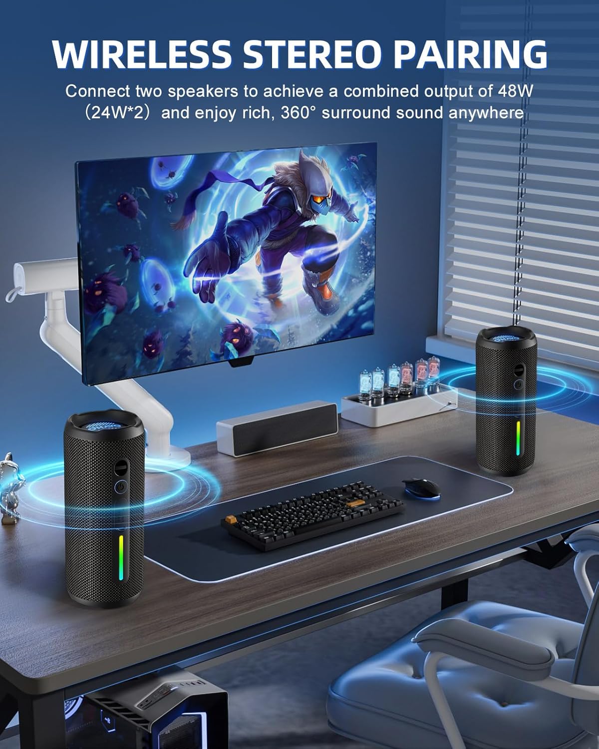 OHAYO Portable Bluetooth Speaker, Wireless Bass Speaker with 24W Loud Sound, IPX7 Waterproof, Bluetooth 5.3, RGB Lights, AUX&TF-Card, Stereo Pairing, Gift Ideas for Home/Outdoor/Party - Image 5