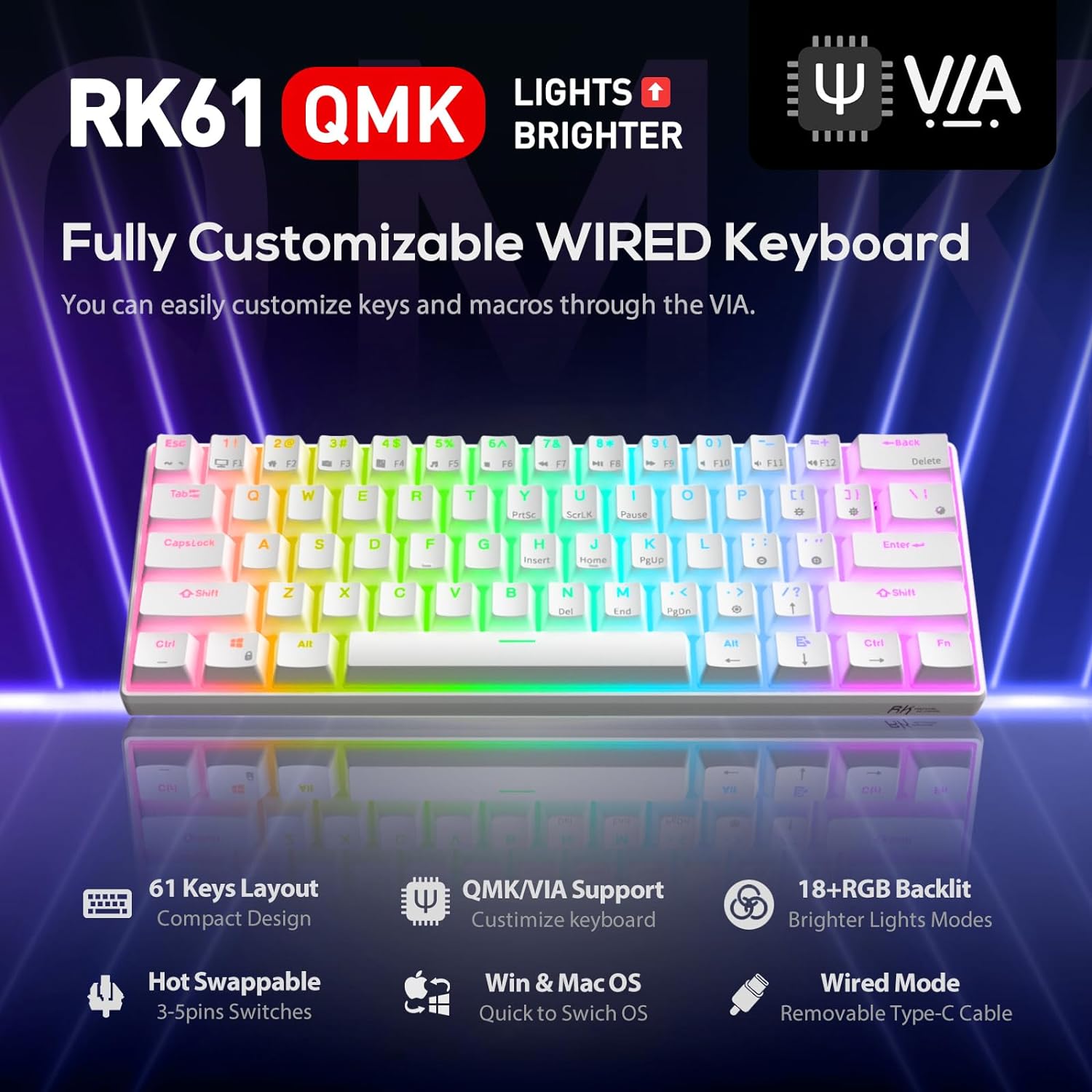 RK ROYAL KLUDGE RK61 Wired 60% Mechanical Gaming Keyboard Programmable QMK/VIA RGB Backlit 61 Keys Ultra-Compact Hot Swappable Red Switch White - Image 3