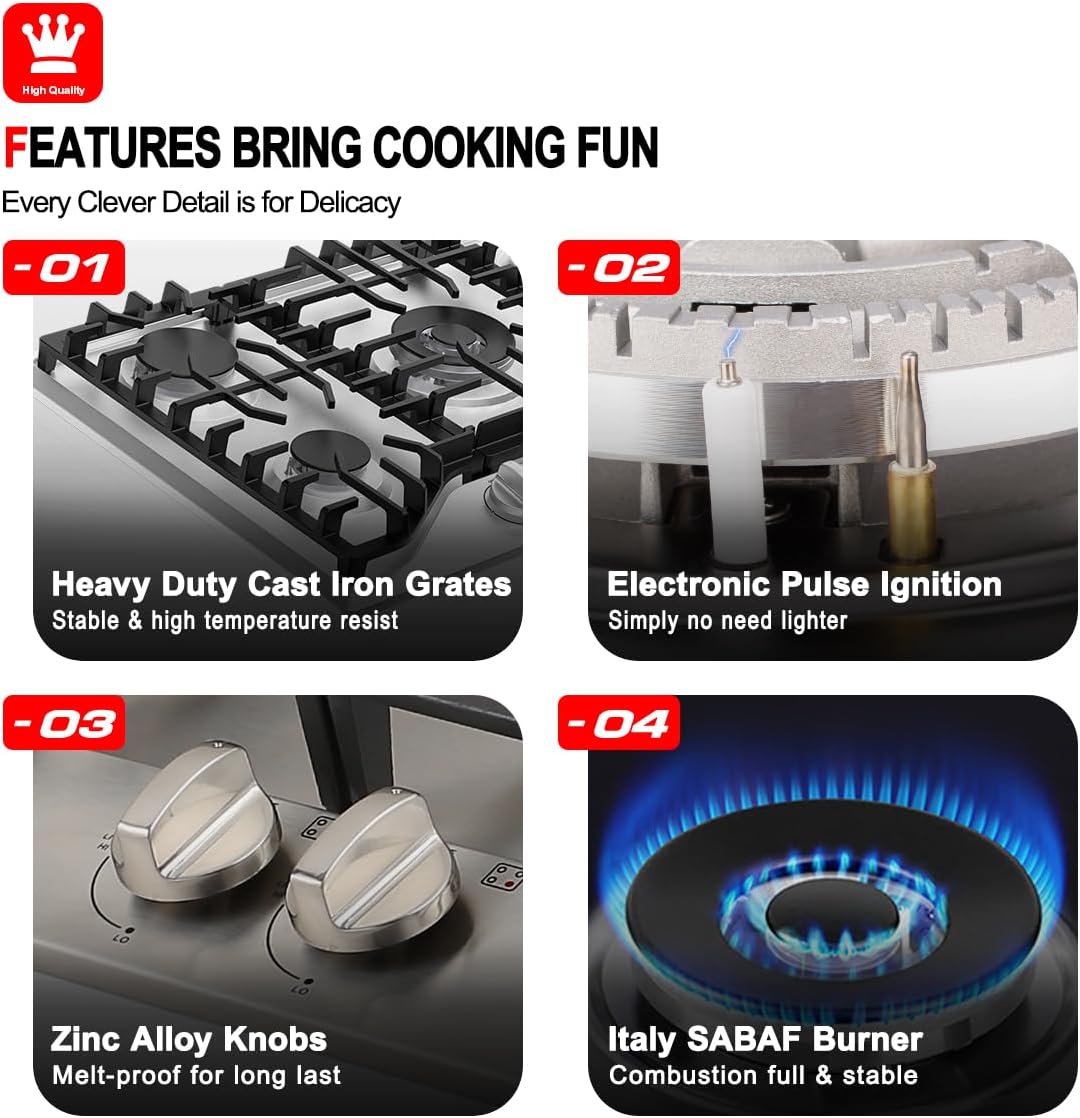 GASLAND 30 Inch Gas Cooktop, PRO GH2305SF 5 Burner Gas Stove, Built-in NG/LPG Convertible Gas Cooktops, Gas Countertop Plug-in with Thermocouple Protection, Stainless Steel - Image 4