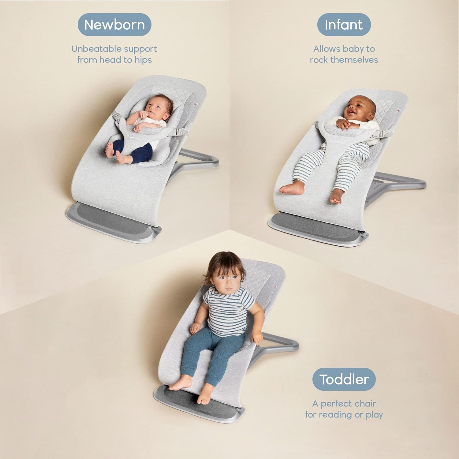 Ergobaby Evolve 3-in-1 Bouncer, Adjustable Multi Position Baby Bouncer Seat, Fits Newborn to Toddler, Light Grey - Image 3