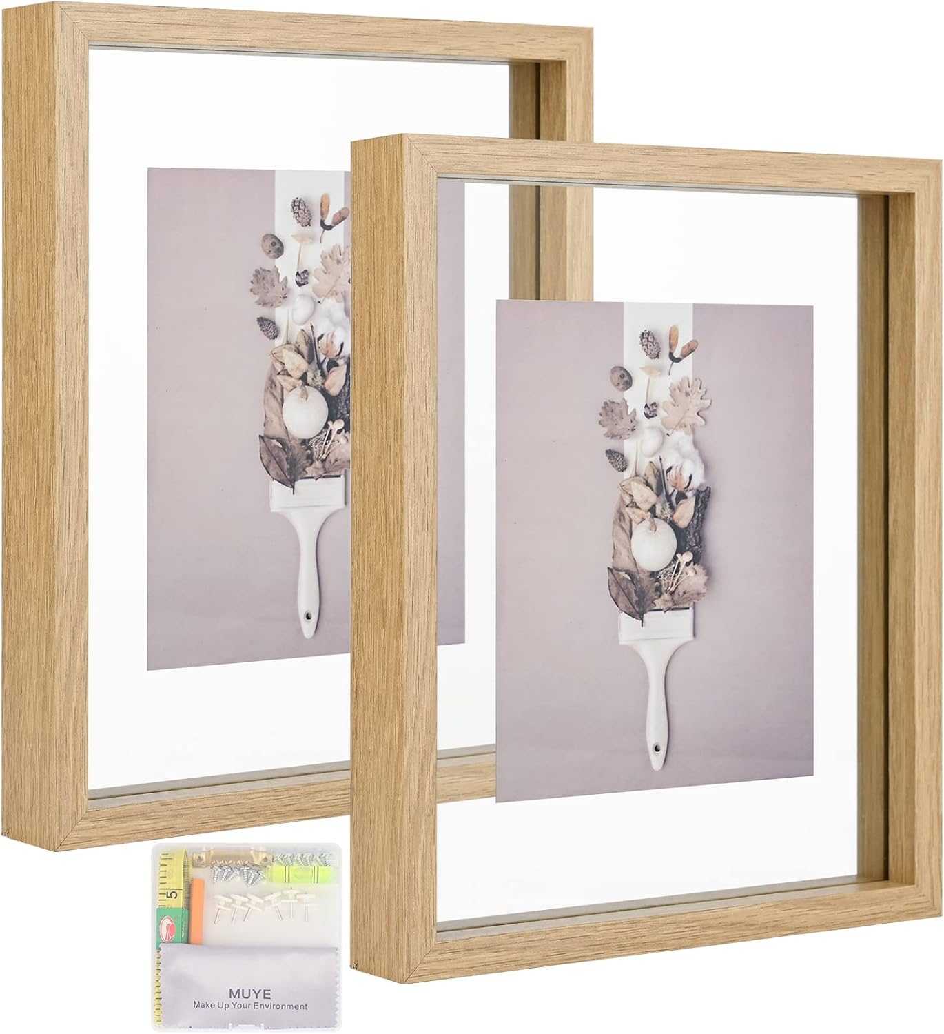 MUYE 8x10 Floating Frame Set of 2,Double Glass Rustic Photo Frame for Wall Hanging or Tabletop Standing,Display Any Size Photo up to 8x10,Natural - Image 2
