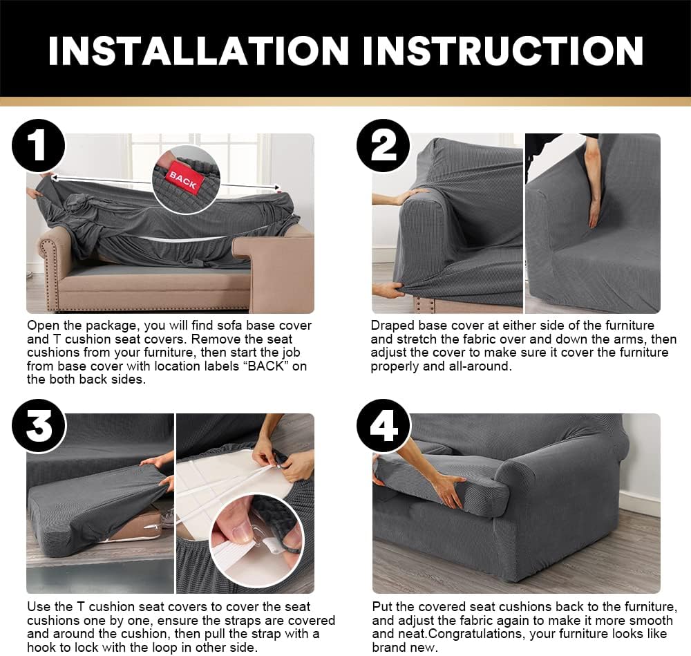 PrinceDeco T Cushion Sofa Slipcover 4 Pieces Sofa Covers for T Cushion Sofa Soft Couch Cover Sofa Slip Covers Furniture Covers with 3 Individual T Cushion Shape Seat Covers Machine Washable, Grey - Image 8
