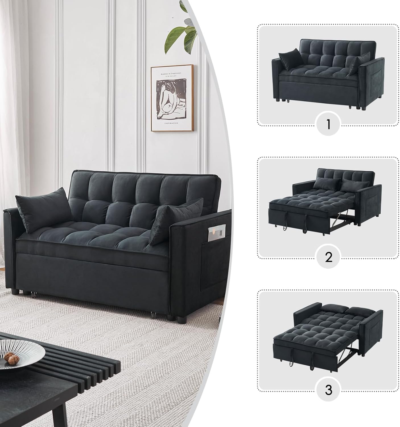 Sleeper Sofa Bed, 3-in-1 Velvet Pull Out Couch with Armrests, Storage Pockets and 2 Pillows, Adjustable Backrest, Sofa Bed Couch for Living Room, Bedroom(Black) - Image 5