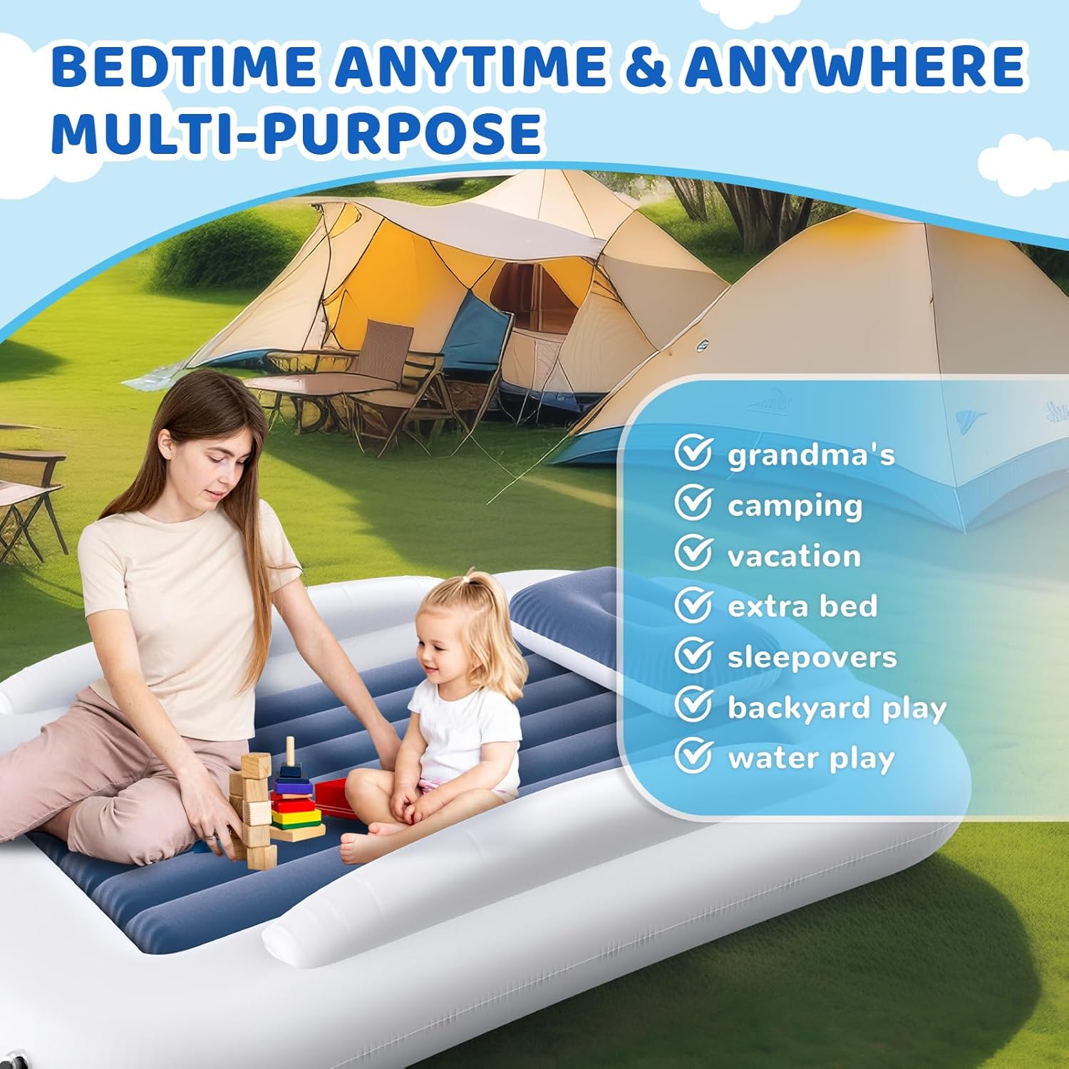 Inflatable Toddler Travel Bed - 60 Inches Portable Toddler Bed for Travel with Safety Sides - Cozy Kids Air Mattress Set with High-Speed Pump & Carry Case - Lightweight & Easy to Inflate -Blue - Image 7