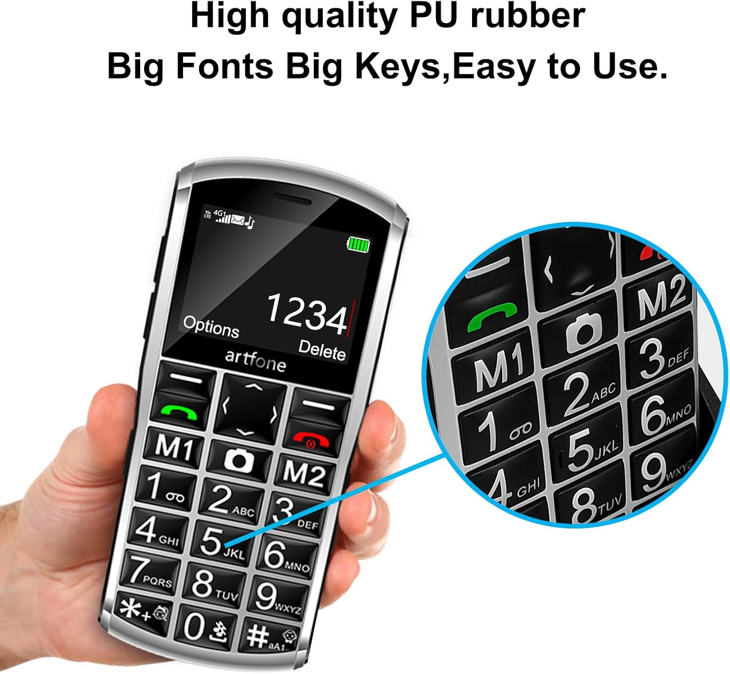 A400 4G Cell Phone for Seniors丨Dumb Phone Unlocked with SOS Button丨2MP Camera丨2.4" LCD丨Super-Loud Speaker丨Speed Dial丨Basic Phone with 1800mAh Battery丨Charging Dock丨USB-C,Dual-Nano SIM - Silver - Image 7