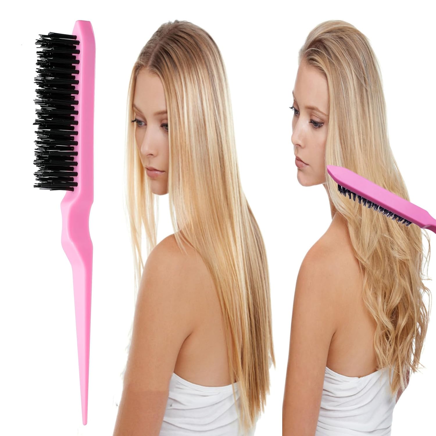 8Pcs Hair Brushes Set with 4Pcs Topsy Hair Tail Tools 1Pcs Bristle Teasing Hair Brush 1Pcs Edge Control Brush 2Pcs Metal Pin Rat Tail Combs for Woman Girl Hair Styling,Edge&Back Brushing Pink - Image 4