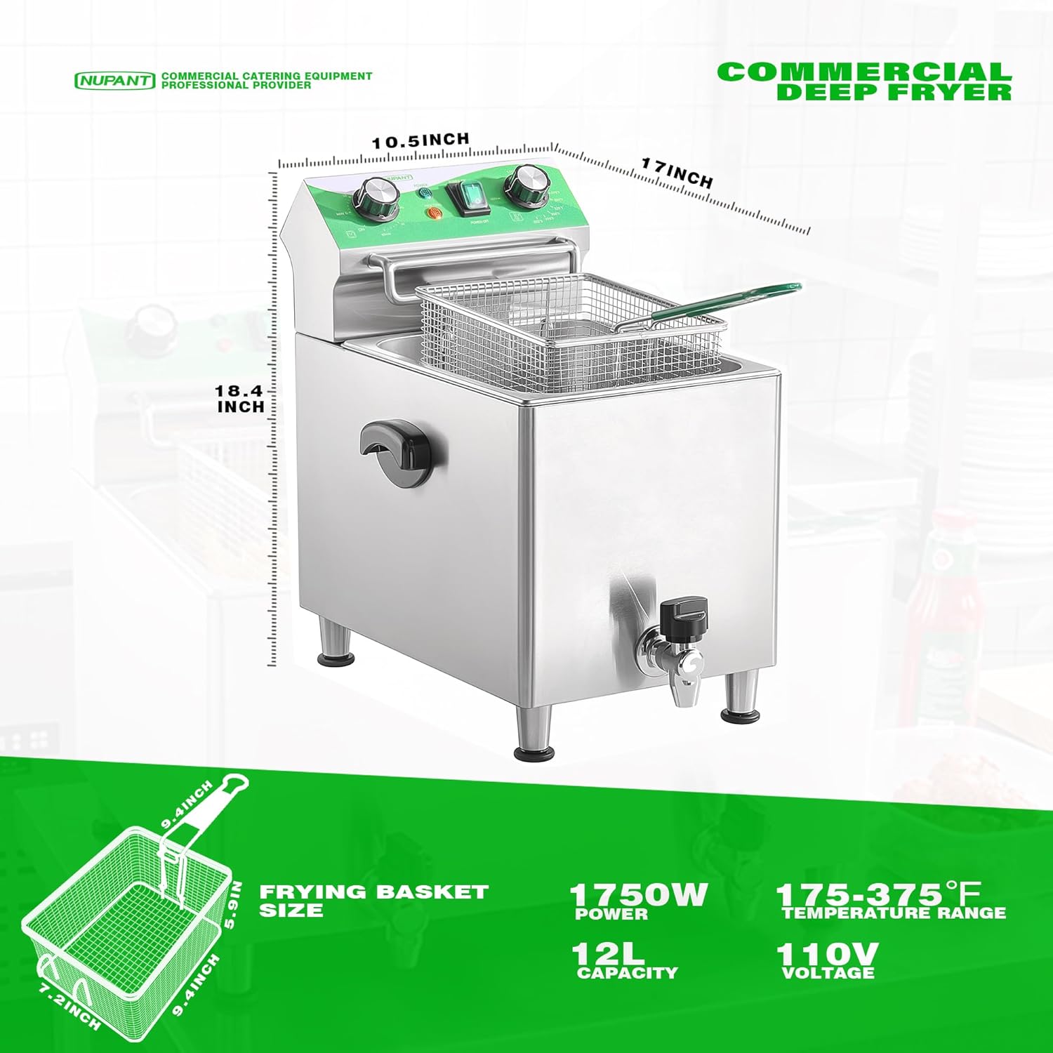 Deep Fryer with Basket and Lid Commercial Fryers with Oil Filtration and Timer 12L/12.7QT Electric Countertop Fryer Stainless Steel Single Tank Fryer for Home and Reastaurant Use 110V 1750W - Image 7